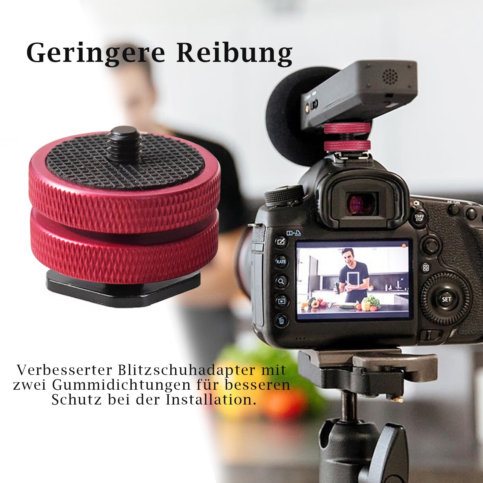 Adaptateur Griffe Flash vers 1/4"-20 Rouge – Écrou de Blocage Rond Élargi avec Patin en Caoutchouc Antidérapant – Support Griffe Froide Professionnel pour Moniteurs, Éclairages LED et Micros