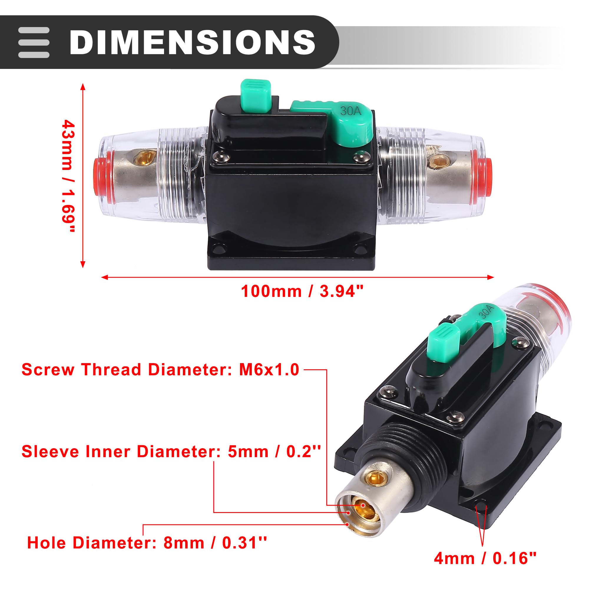 Motoforti Universal Audio Inline Circuit Breaker, 30Amp, Plastic Metal, Black, 1 Pcs - Image 3