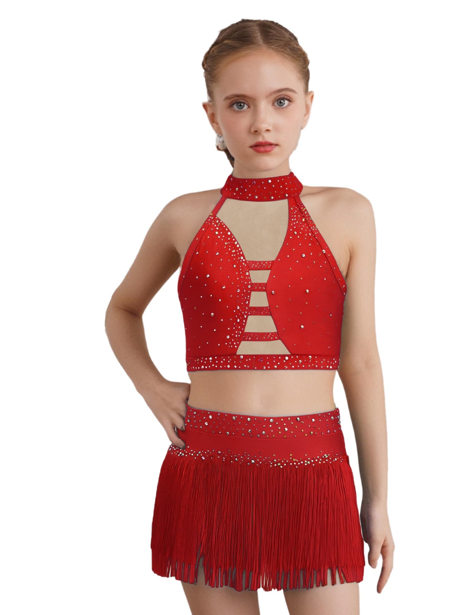 Abito da danza latina ragazza senza maniche abito da ballo strass glitter top corto senza pancia con frange nappe gonna avvolgente per spettacolo sul palco