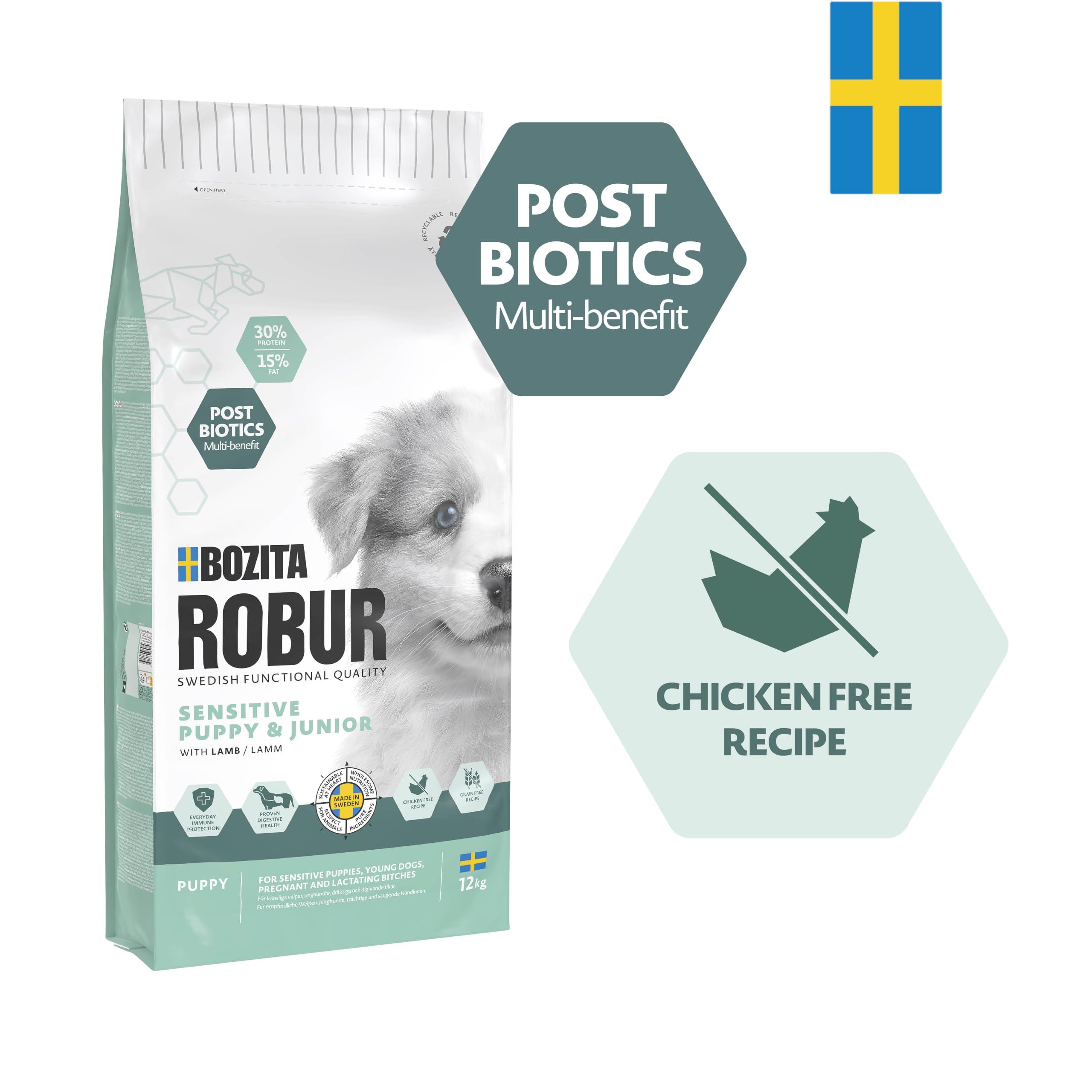 Bozita ROBUR Sensitive Grain Free Puppy Lamm 12kg - Welpenfutter ohne Getreide, mit Lamm und Postbiotika - OHNE HUHN
