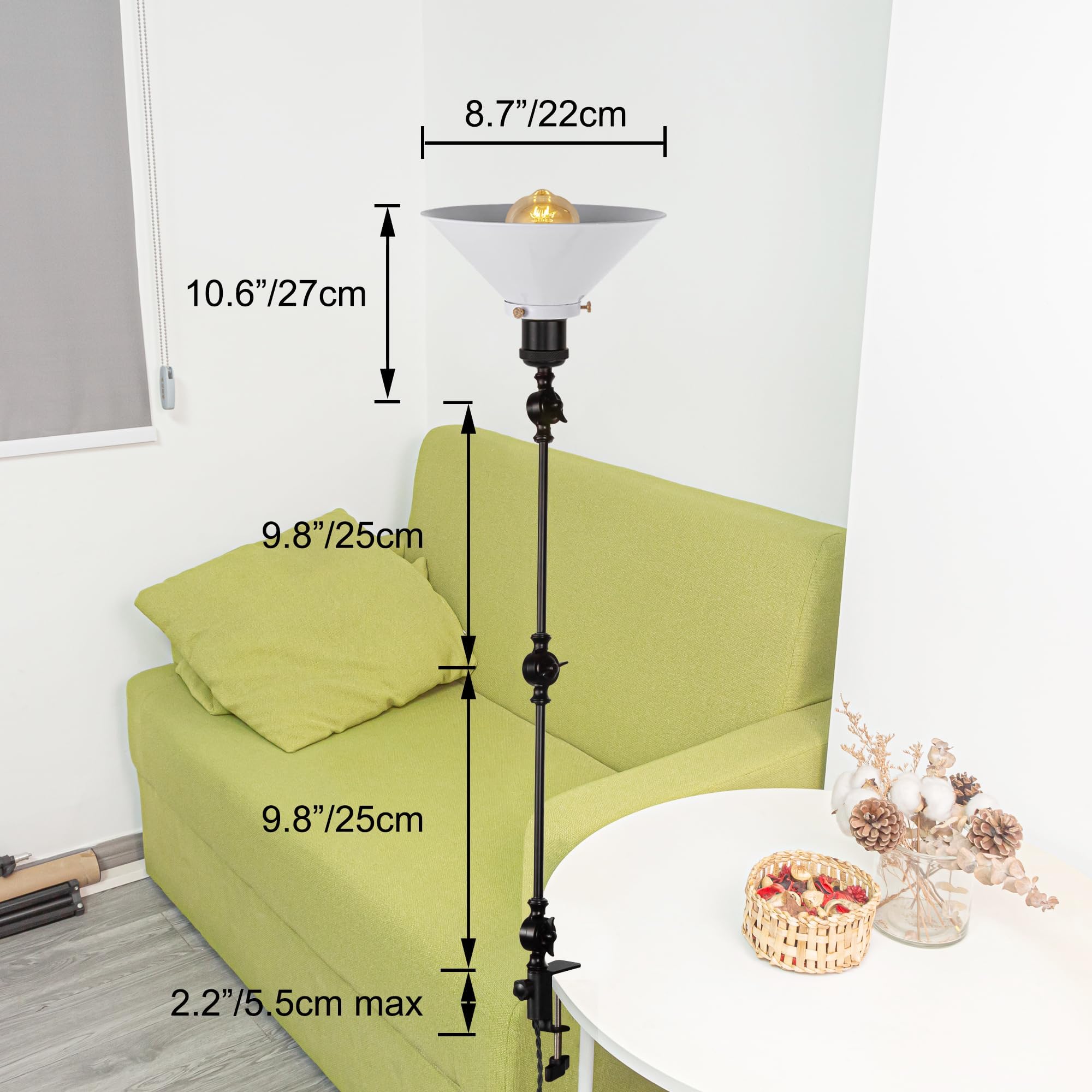 Lampada a morsetto industriale con 2,5 cavi interruttori, clip regolabile su lampada da lettura, lampada da comodino dimmerabile con braccio flessibile per scrivania, comodino, mensola