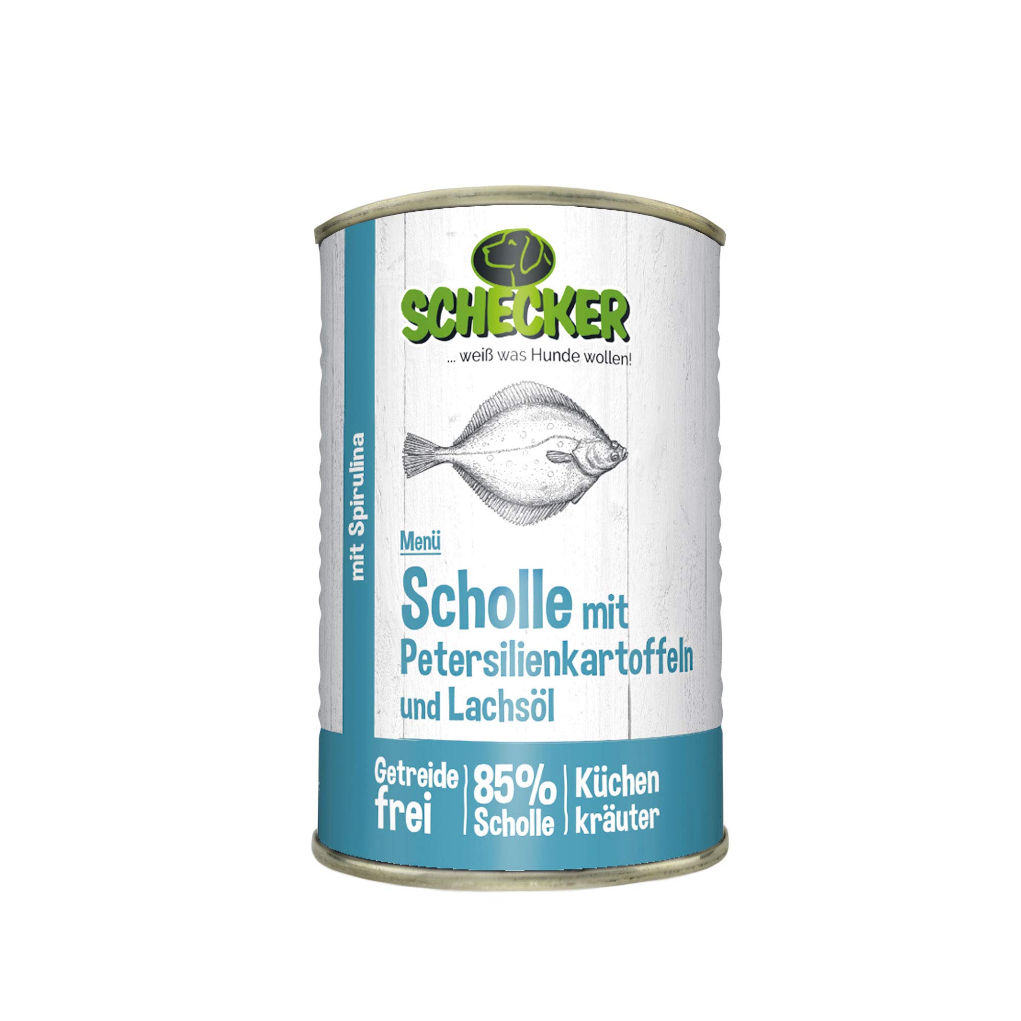 Schecker Nassfutter für Hunde - Hundemenü Scholle mit Lachsöl - 12 x 820 g - 85% Scholle - getreidefrei - Spirulina