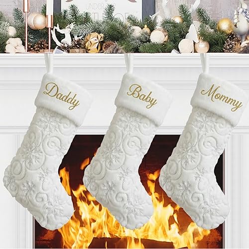 Miniatura 42 de 2 Pack Snowy White Christmas Stockings with Faux Fur, Plush 22 inches Xmas Stocking with Gold Embroidered Snowflake Hanging Ornaments for Home Xmas
