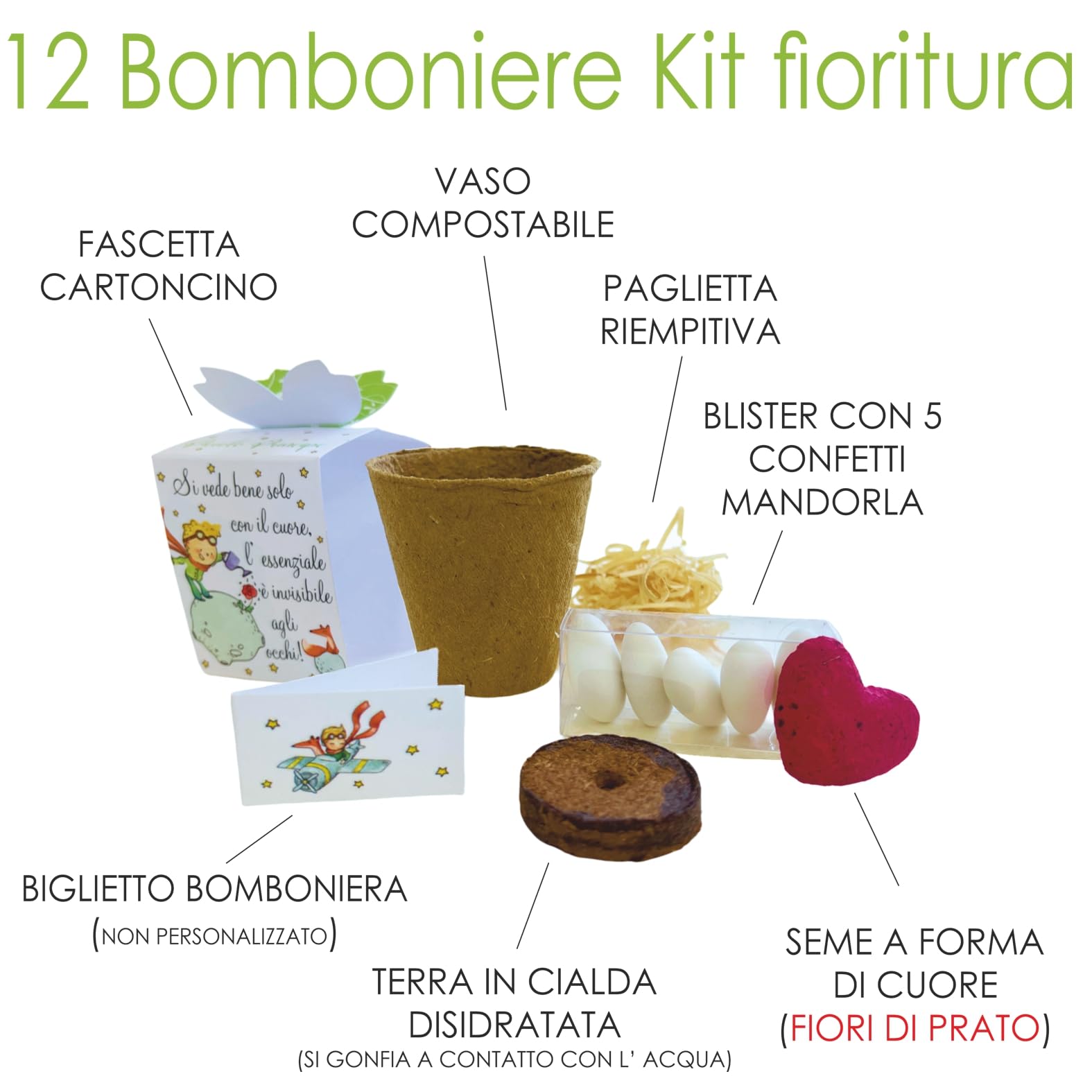 Regalami.shop12 Bomboniere Complete Eco-Sostenibili con Kit Fioritura Il Piccolo Principe - Set da 12 Pezzi per bomboniere Nascita, Battesimo, Comunione