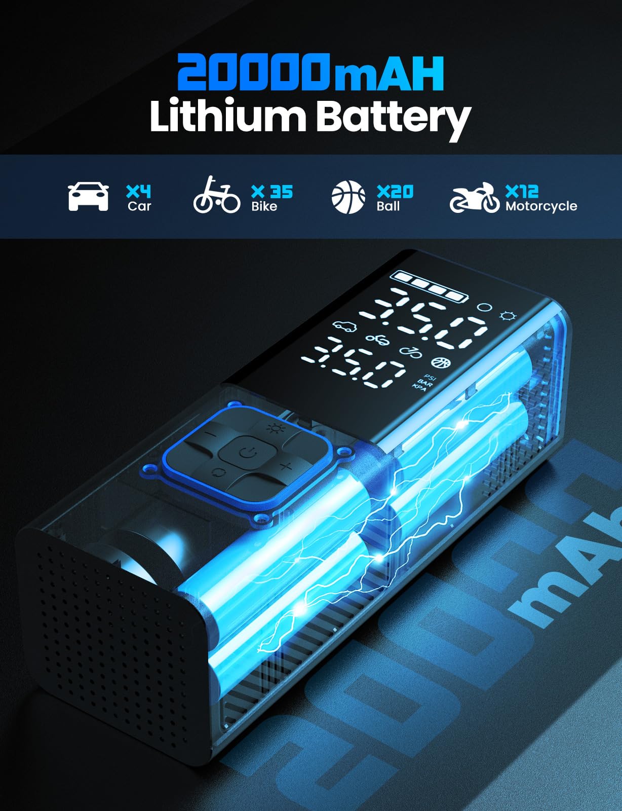 Przenośna sprężarka powietrza do opon 20000 mAh i 4 x szybsza bezprzewodowa pompa do opon do samochodu, roweru, motocykla, piłki, z manometrem w oponach i torbą do przechowywania (2024 nowa)