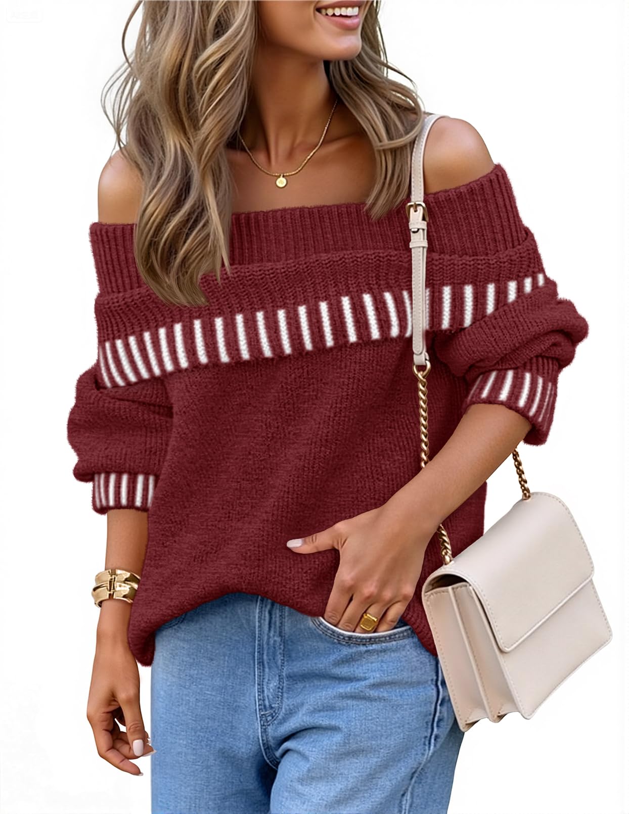 MEROKEETY Women's Fall Off Shoulder Knit Sweater Striped Pullover Tops | Long Sleeves, Striped Ribbed Trims & Cuffs, Casual & Slouchy Style, Cozy Warm Outfits, Fashion Winter Clothing 2026