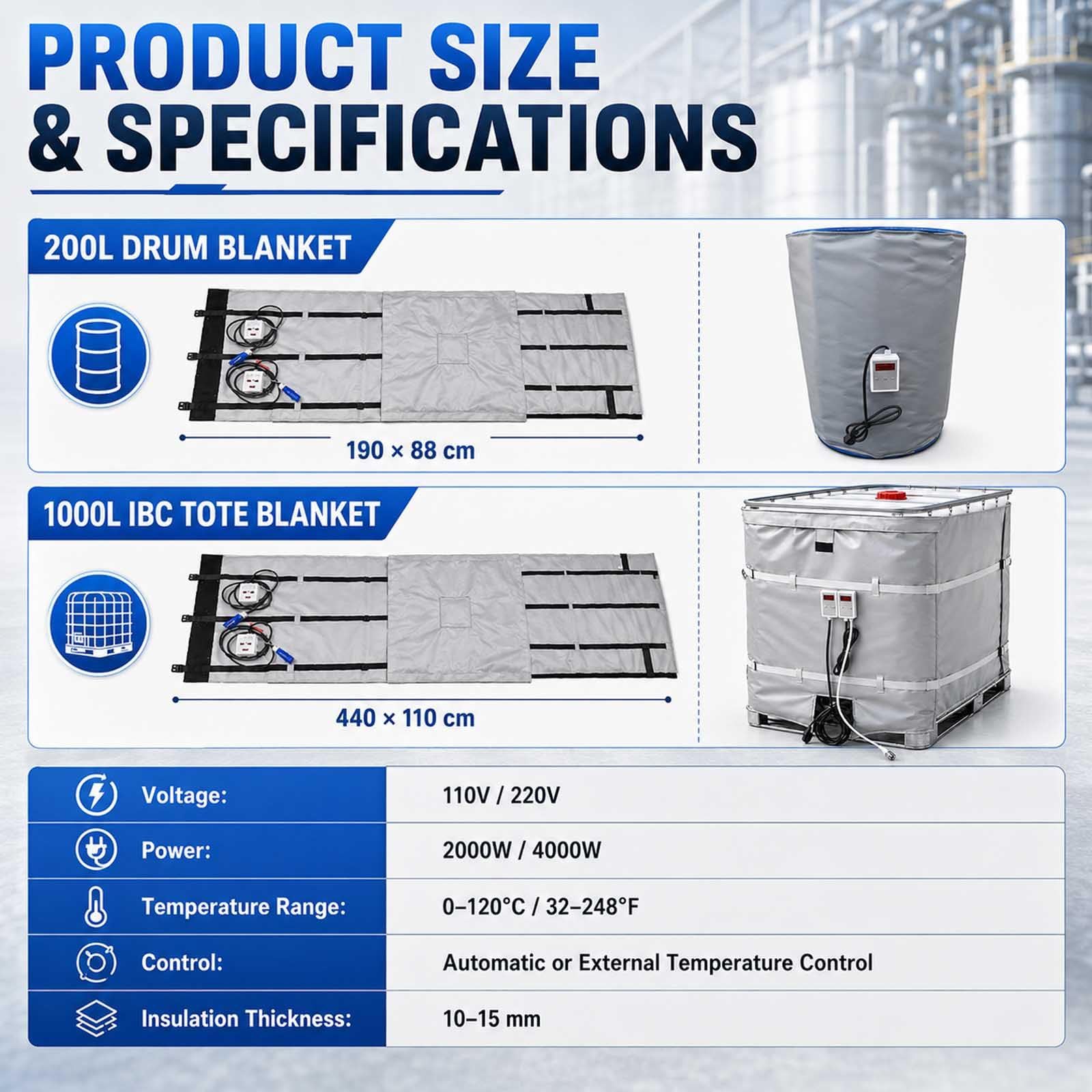 Couverture Chauffante Ibc, 2000/4000 W, Contrôle Numérique 0–120 °C 200L