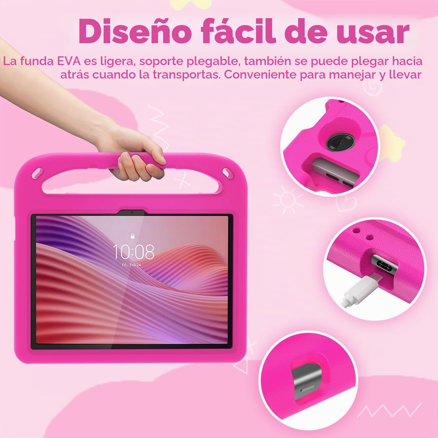 Funda Infantil para Lenovo Tab Tablet 10.1 Pulgadas 2025 (TB-311FU/TB-311XU), Ligera a Prueba de Golpes, con asa Infantil y Correa para el Hombro, Magenta