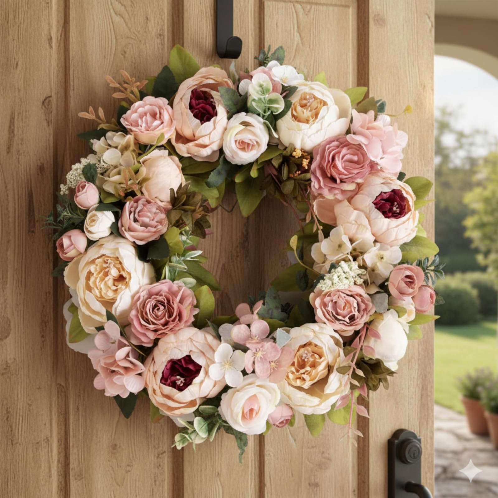 Ghirlanda Primaverile per Porta d'Ingresso 40 cm, Fiori Artificiali, Decorazione per Porta, Finestra, Matrimonio, Soggiorno
