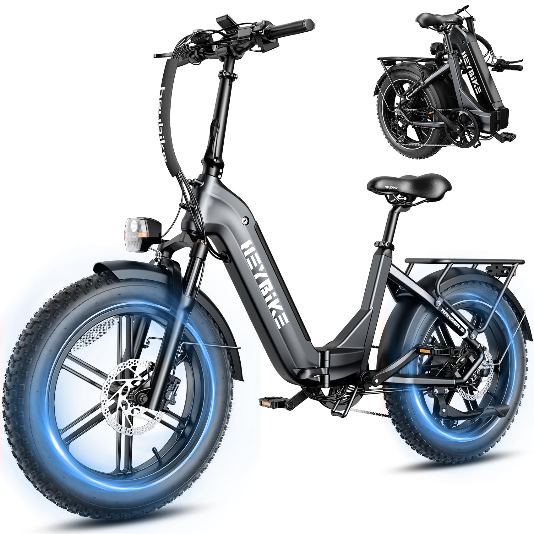 Heybike Ranger Foldable Electric Bike for Adults, 1200W/1800W Peak Motor, 28/32MPH E Bike, 55/90 Miles Range, 20"x4.0" Fat Tire Ebike with Removable Battery, Hydraulic Brakes for Snow, Beach,Commuting