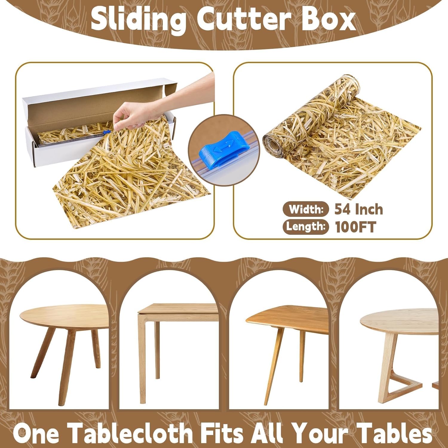 100 Ft x 54 Inch Hay Bales Decor Hay Tablecloth Roll with Cutter Box, Large Straw Wall Backdrop, Disposable Plastic Table Cover for Western Cowboy Farm, Birthday Theme Party Supplies