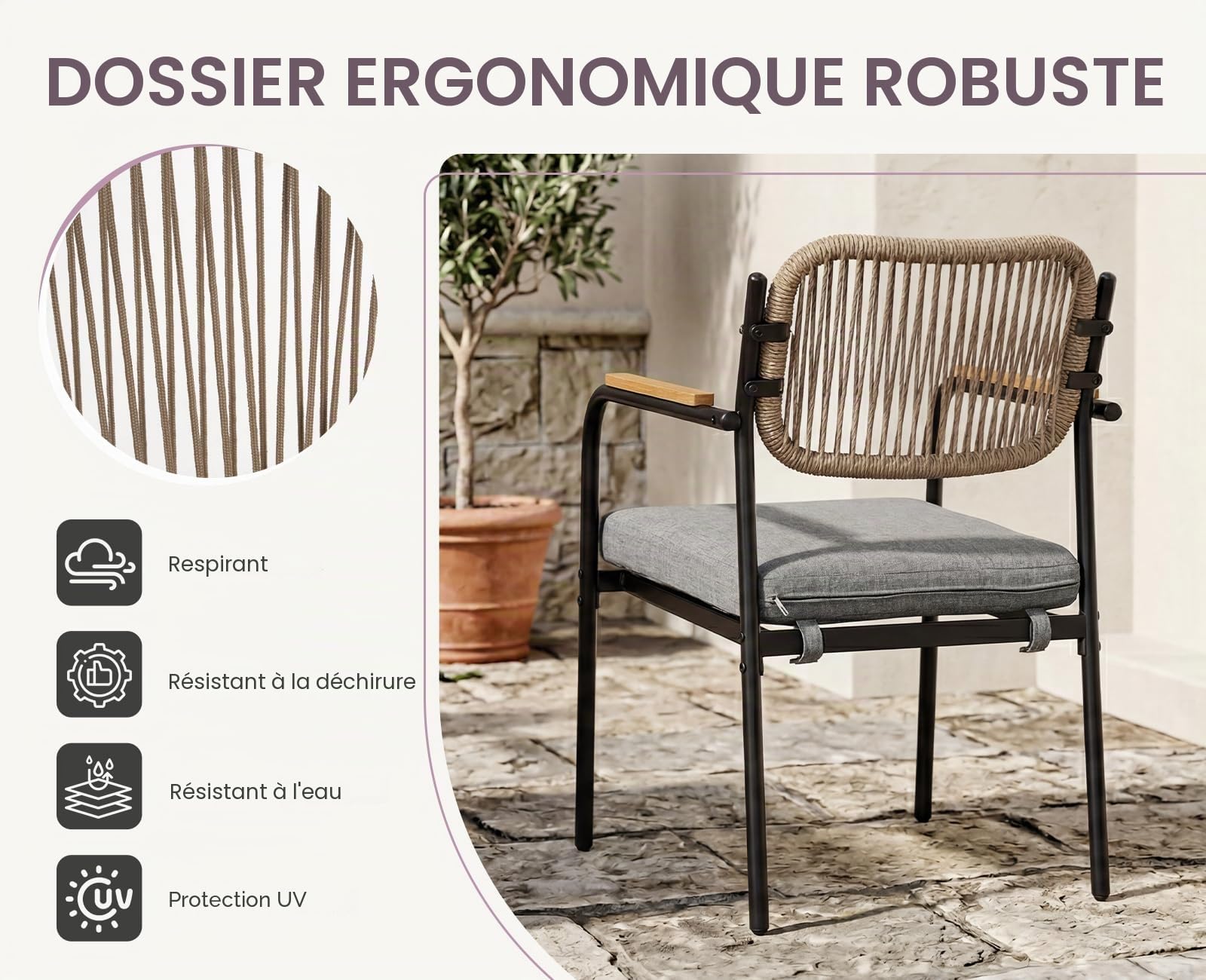 Ya-Home Chaise Jardin Exterieur, 2PCS Fauteuils Jardin, Corde Tressée, Gris