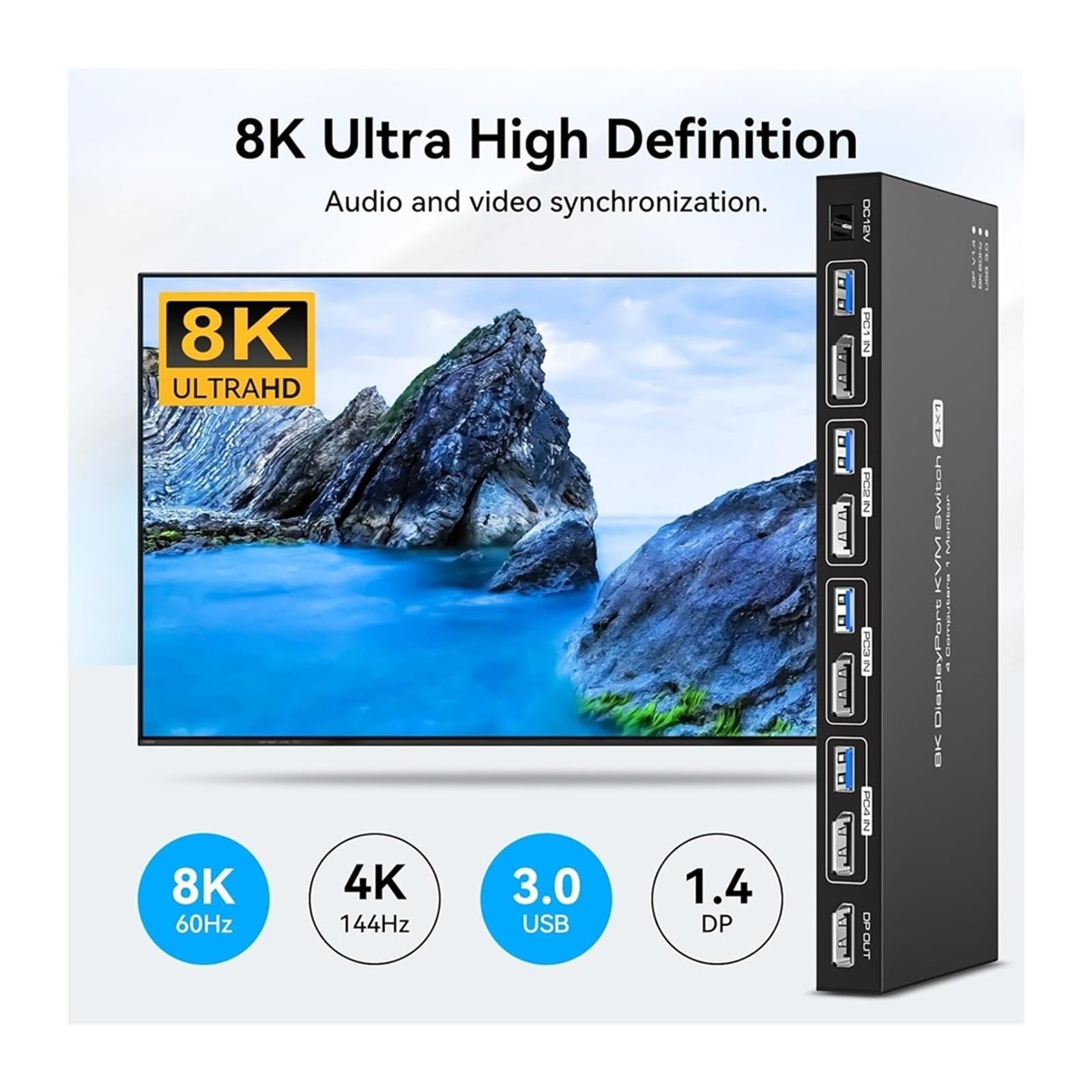 Przełącznik wideo, Przełącznik KVM 8K Displayport 1 monitory 4 komputery 4K 144 Hz 4x1 DP USB 3.0 do biur domowych, centrów danych