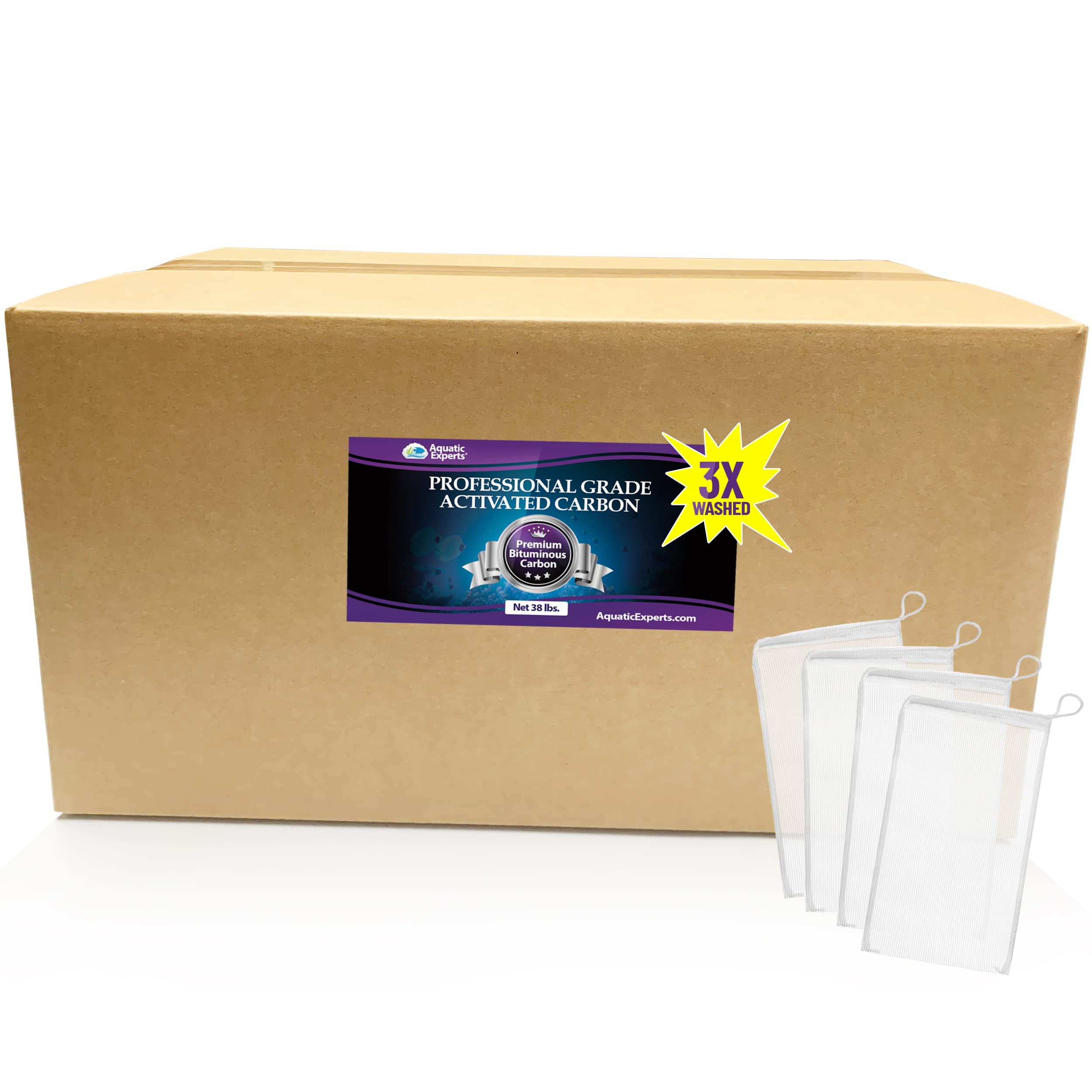 Premium Activated Carbon, Aquarium Carbon for Fish Tank Filter, Aquarium Filter Media, Granulated Charcoal for Fish Tanks, Activated Charcoal Bulk (38 lbs with 4 Pack 5"x9" mesh Bags)