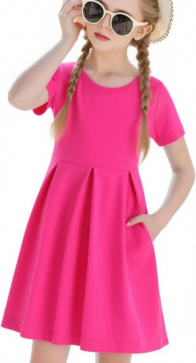 Girls Dresses with Pockets, Girl Skater Dress for Girls 3-14 Years,J.E Sterguard Cotton Short Sleeve Party Casual Clothes