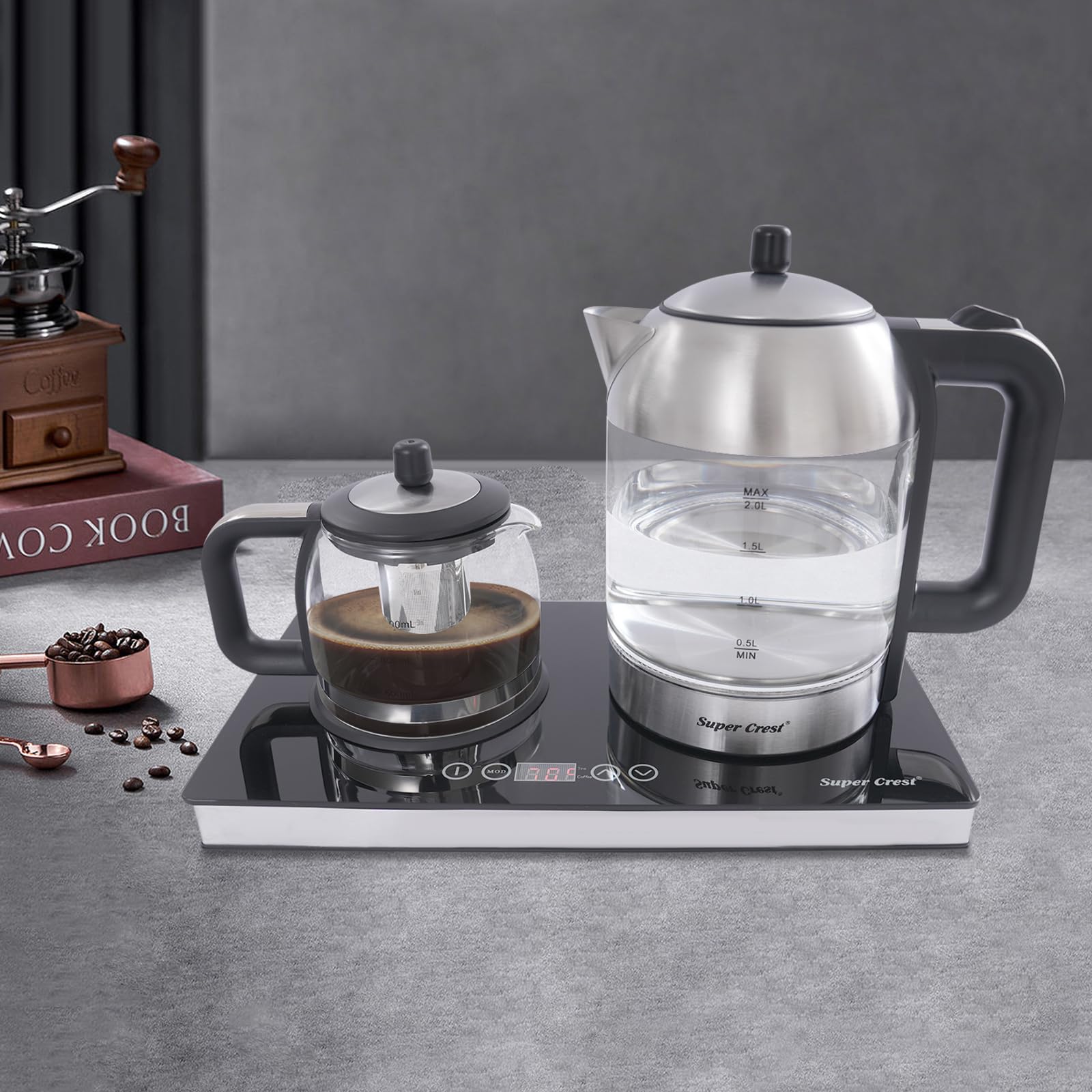 Estación de té y café en uno, base de hervidor de agua con pantalla LCD | Tetera de 2 litros y 1 L con filtro de acero inoxidable, ajuste de temperatura y sensor táctil, estación de té de 1500 W