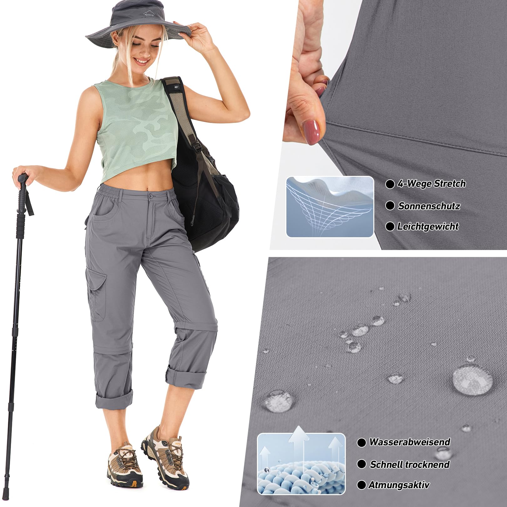 Damen-Wanderhose-Zip-Off-Trekkinghose, Atmungsaktiv Wanderhose Damen Schnell Stretch Trekkinghose Abnehmbar Funktionshose Outdoorhose Sommer Hiking Pants