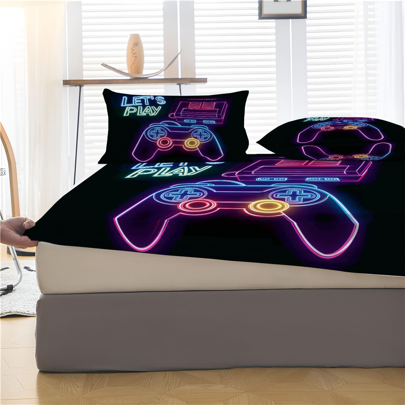 Sábanas 200X190/200Cm - Juego De Sábanas 3 Piezas Estampadas Consola De Juegos De Neón - Microfibra Suave Transpirable - Sábana Bajera Ajustable - Ropa De Cama Póster Retro (Tinta Negra)
