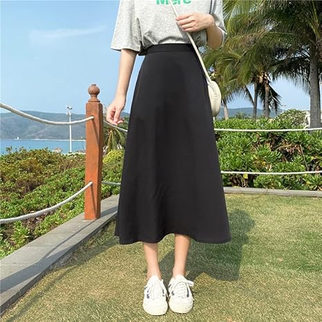 Amazon Co Jp 女性のためのシックな空中ブランコスカート 無地 ヴィンテージ オフィス エレガント 韓国スタイル ハイウエスト シンプル オールマッチ 夏 S 黒 服 ファッション小物