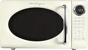 Nostalgia Retro 700W Microwave Oven 0.7 Cu Ft Capacity – Child Safety Lock, 8 Auto-Cook Settings – Countertop Kitchen Appliance – Ivory