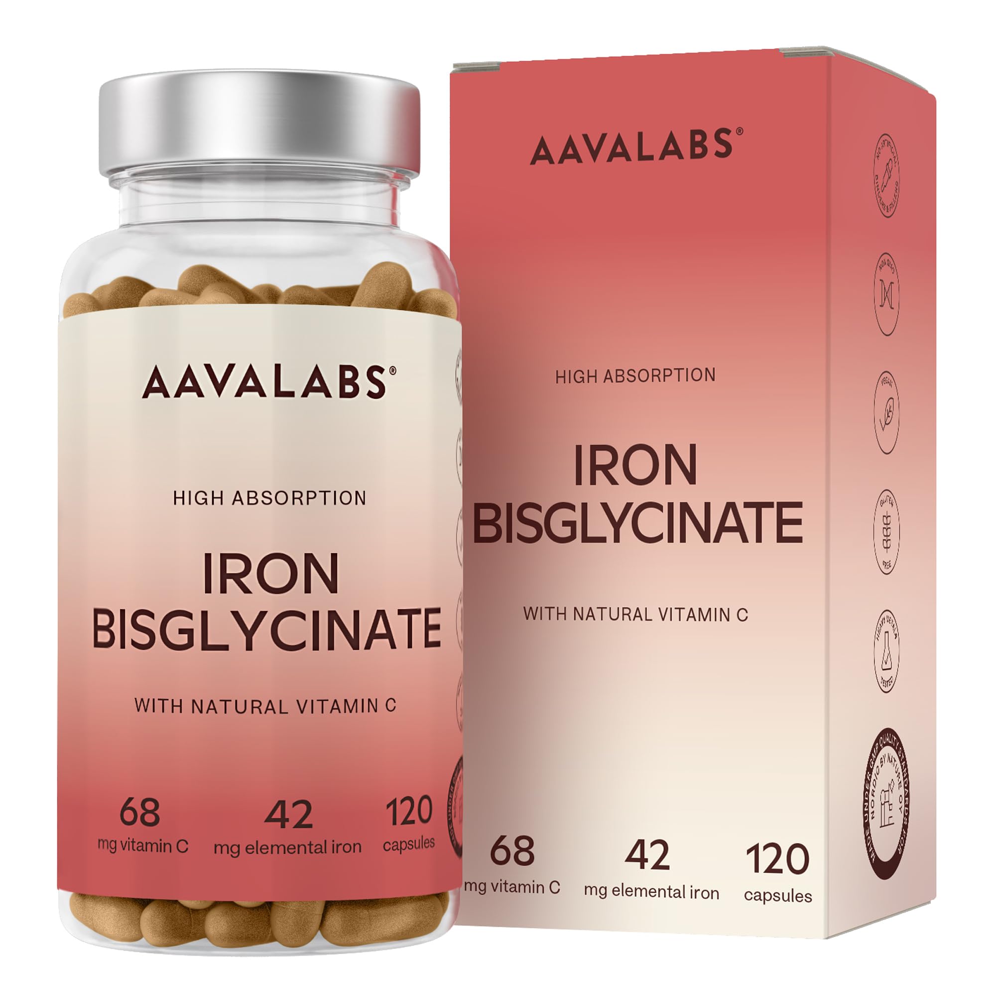 Gentle Iron Supplements for Women and Men - 42 mg Iron Tablets high Strength with Natural Vitamin C - Active Form - bisglycinate - Fatigue Supplements with high bioavailability - 120 Capsules