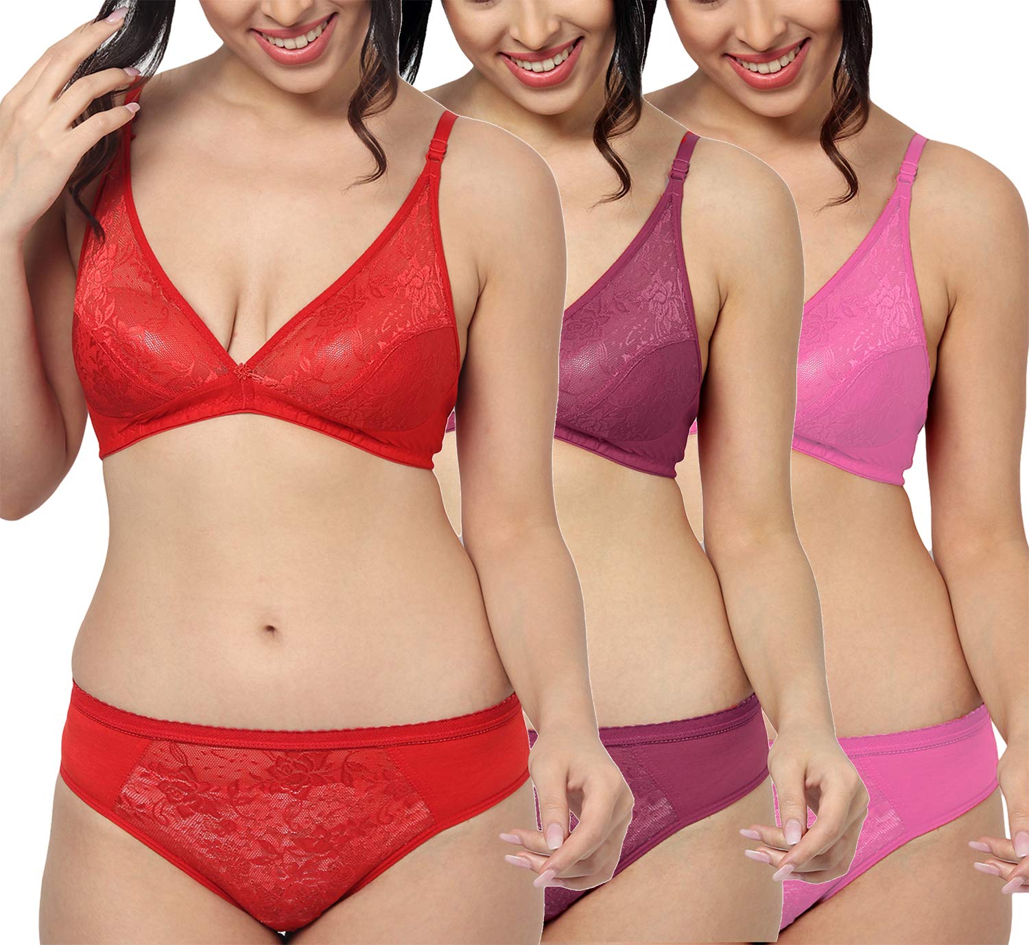 Women Lingerie Set, Pack of 3 Sets, 3 Bras and 3 Panties Set, 34B, Pink Brown Red-image-26