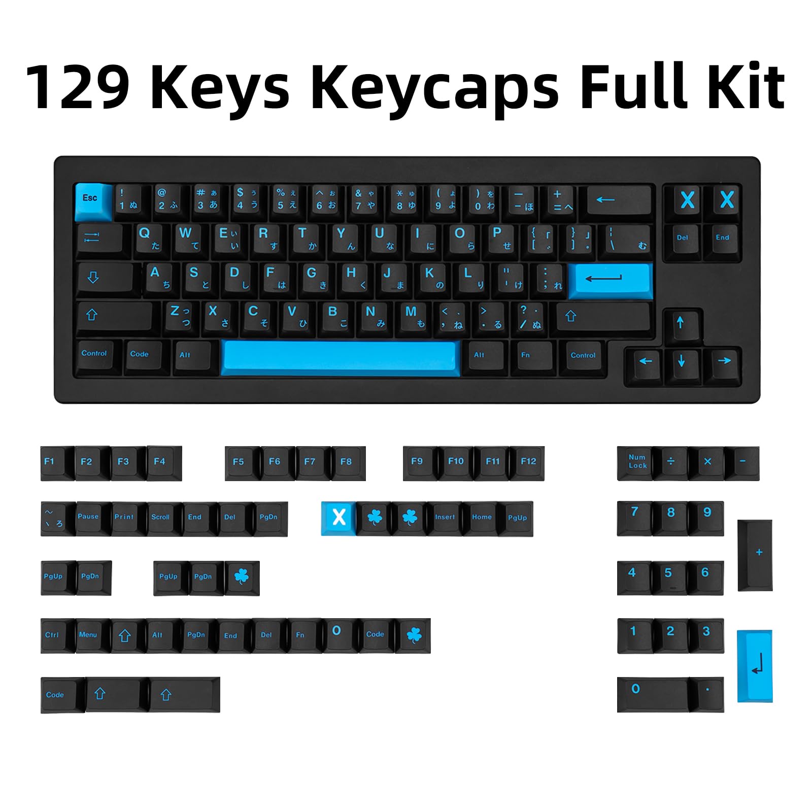129 Keys Black and Blue Japanese Keycaps, Cyberpunk Theme PBT
