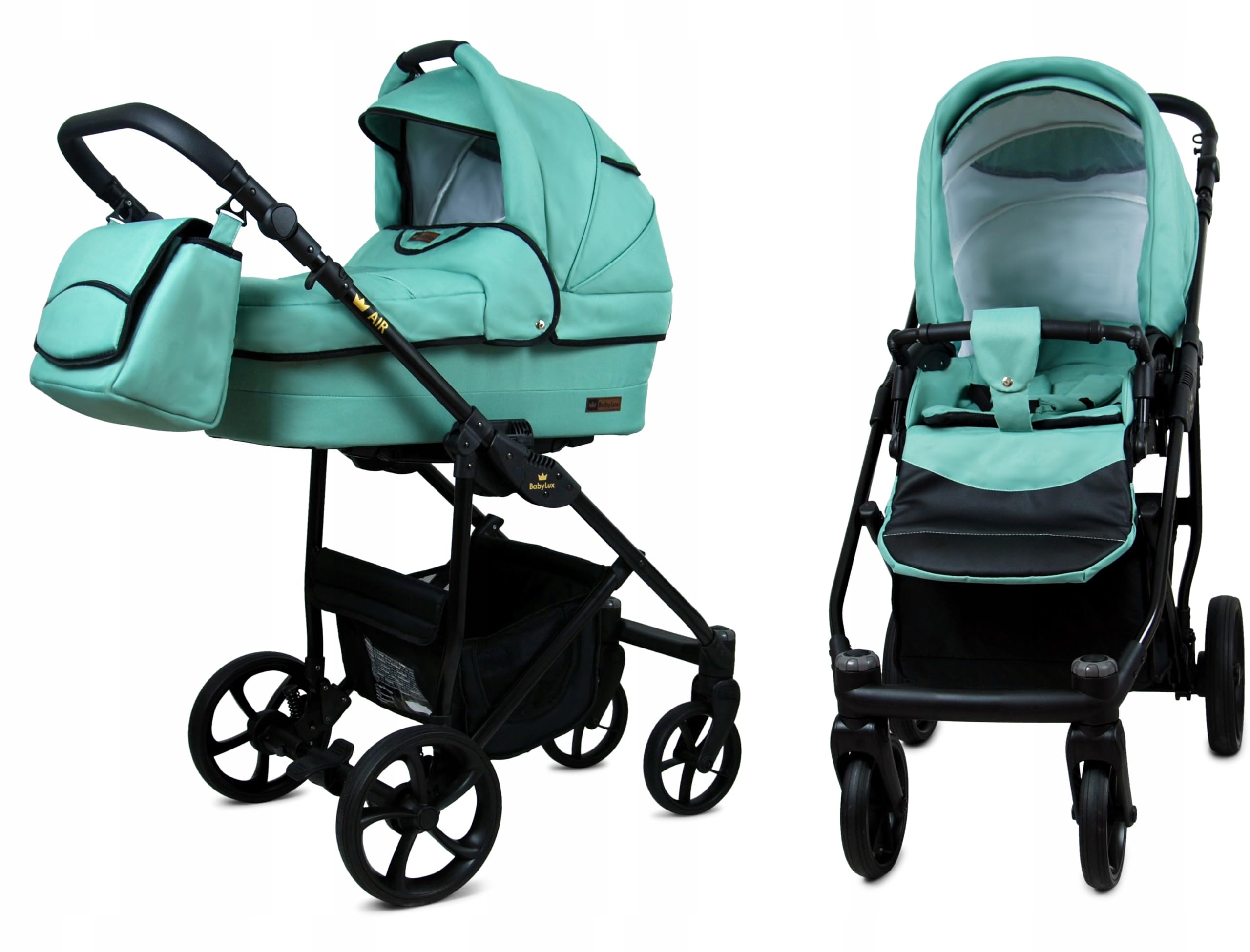BabyLux® Zestaw wózków dziecięcych 2 w 1 – Air – Sage – w zestawie wanienka dla niemowląt, fotelik sportowy Buggy – zestaw wózków dziecięcych – wózek dziecięcy kombi z torbą do przewijania, ochroną