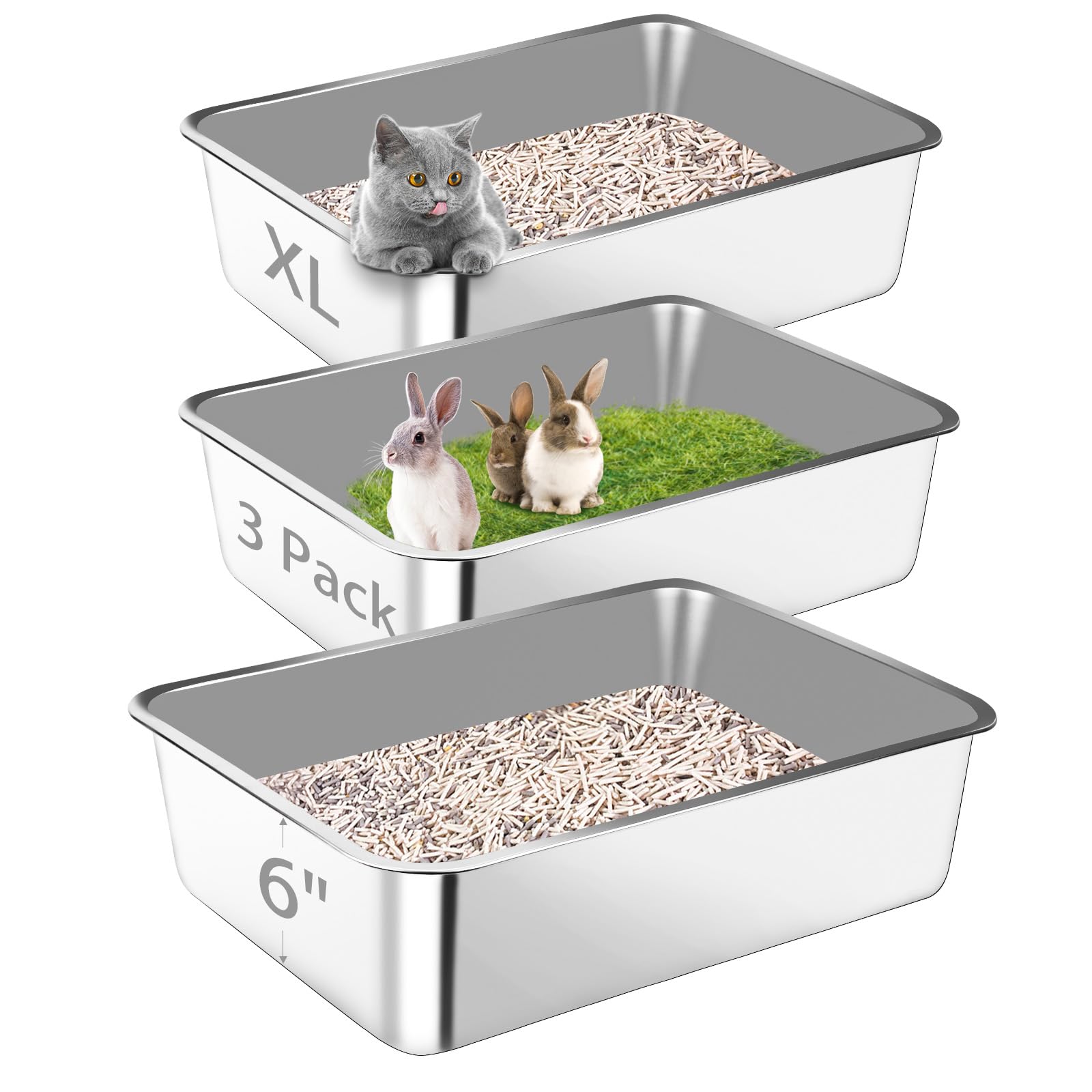 Bartuke Stainless Steel Cat Litter Box, 3 Pack 23.6"x 15.7"x 6" Metal High Sided Litter Pan, Extra Large Stainless Steel Box, Splash-Proof and Non-Stick Cat Poop Box odorless