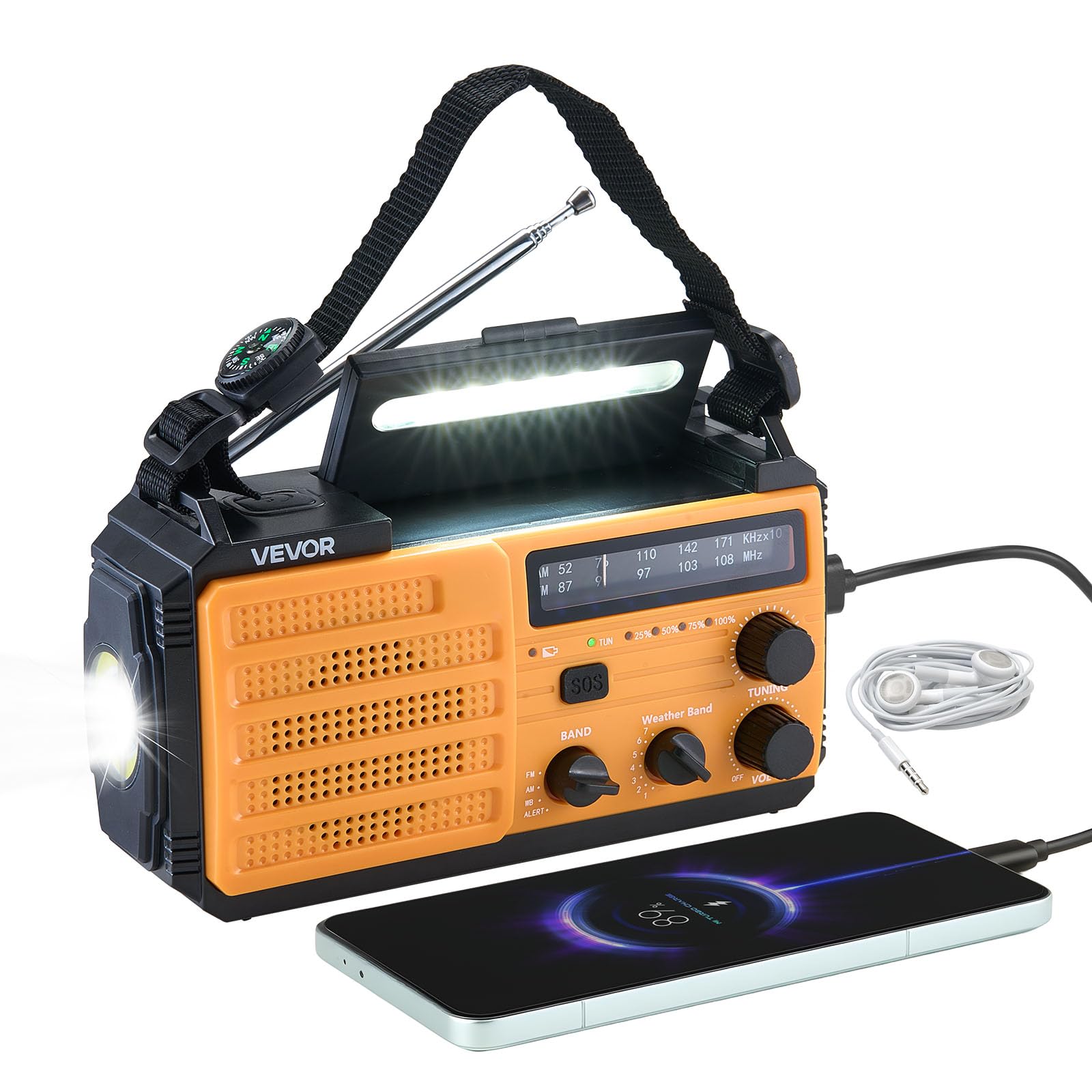 VEVOR Emergency Weather Radio, 8000mAh Battery, FM/AM/WB/NOAA Alert Solar Hand Crank Emergency Radio, Type-C Charging, USB Cable, SOS Alarm and Flashlight, Portable for Outdoor Emergencies, 