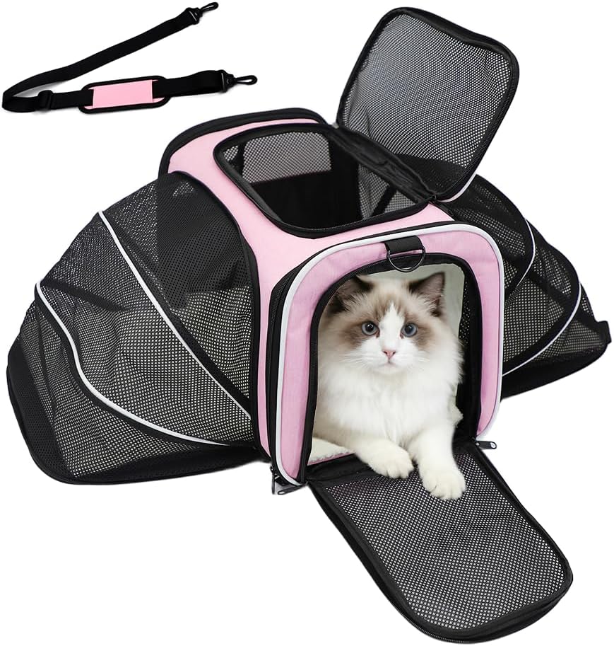 Double Expandable Cat Carrier,Airline Approved Soft-Sided Pet Travel Carrier for Small Dogs Cats under 15 lbs,Waterproof 600D Oxford Fabric with Washable Replacement Liner,Odor-Free & Claw-Proof(Pink)