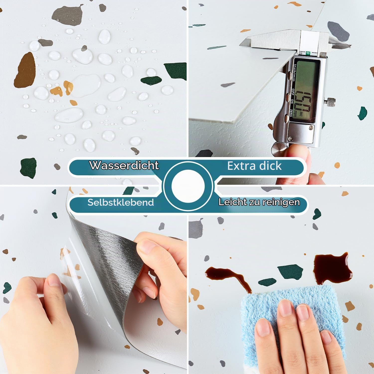 VEELIKE Vinylboden Selbstklebend Fliesen Granit Weiß PVC Bodenbelag Küche Klebefliesen Bad Boden Fliesenaufkleber Bodenfliesen Schlafzimmer PVC Boden Marmor Fußbodenbelag 1.5mm 60cm×30cm 24 Stück