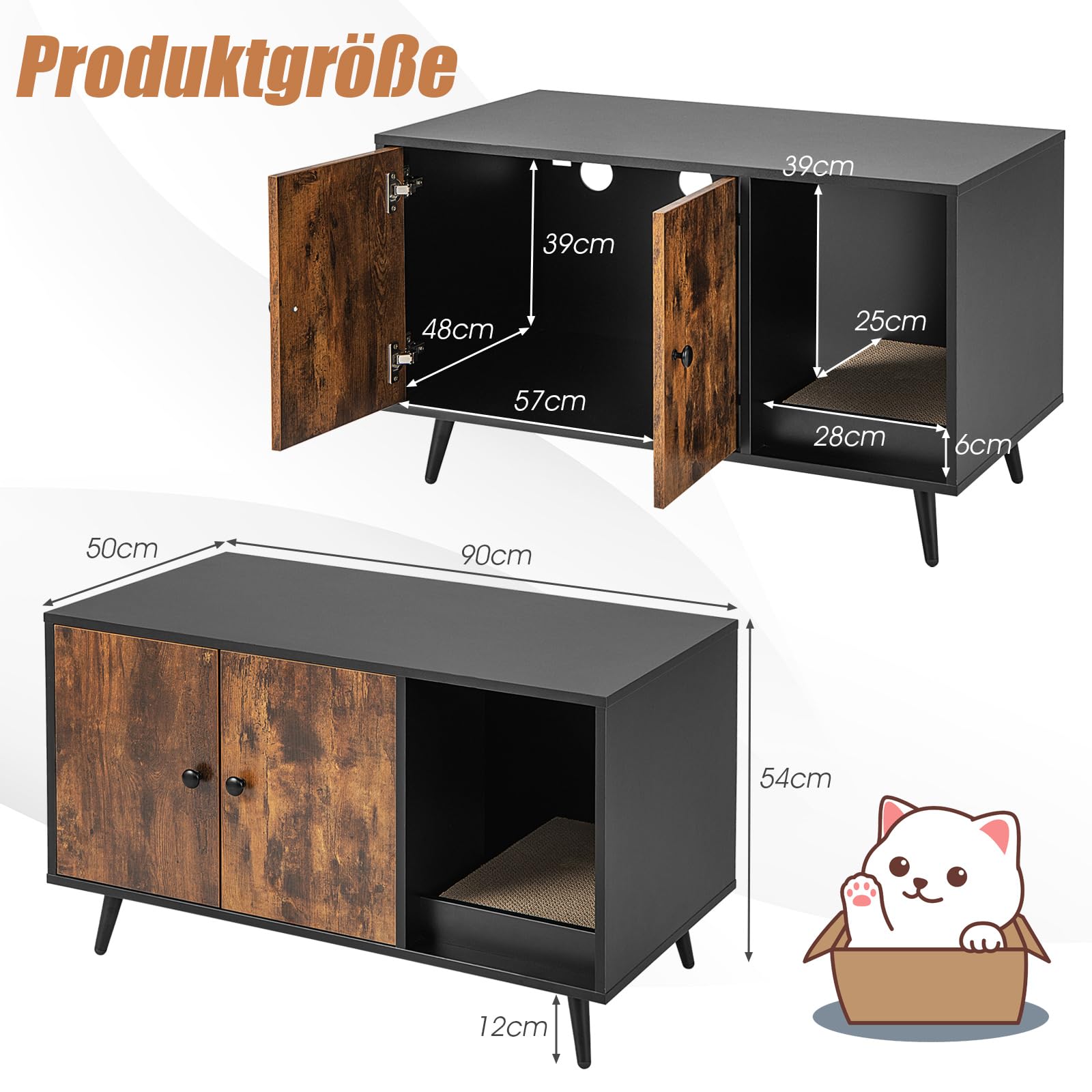 GOPLUS 2 in 1 Katzenschrank für Katzentoilette, Katzenhaus Holz mit Türen, Stahlbeine, abnehmbare Kratzbox, Wasser- und Kratzfest, Katzenhöhle für Katzen Haustier, 90x50x50cm (Vintage)
