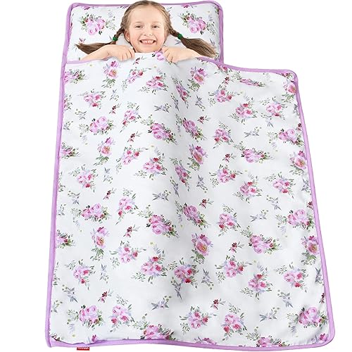 Miniatura 4 de Colchoneta de siesta para niñas pequeñas con estampado floral, colchoneta para dormir para niños con manta de vellón, ligera, perfecta