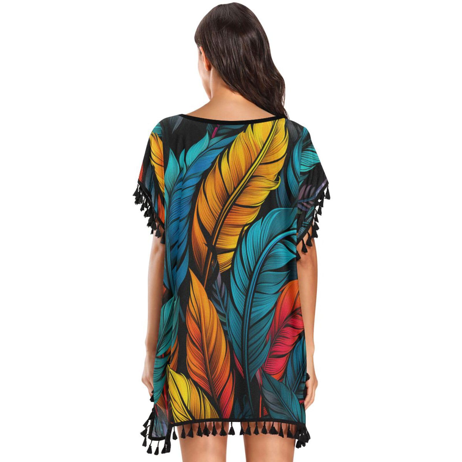 Feather Art Blue Leaves Women's Beach Cover Up Chiffon Tassel Swimwear Swimsuit Coverups for Girl