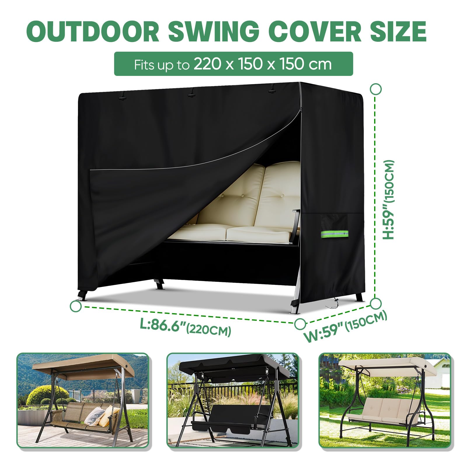 NEVERLAND Housse Balancelle 3 Places - Imperméable 600D Oxford Housse de Protection pour Balancelle de Jardin avec Fermeture Éclair, Anti-UV, Coupe-Vent, 220x150x150cm, Noir