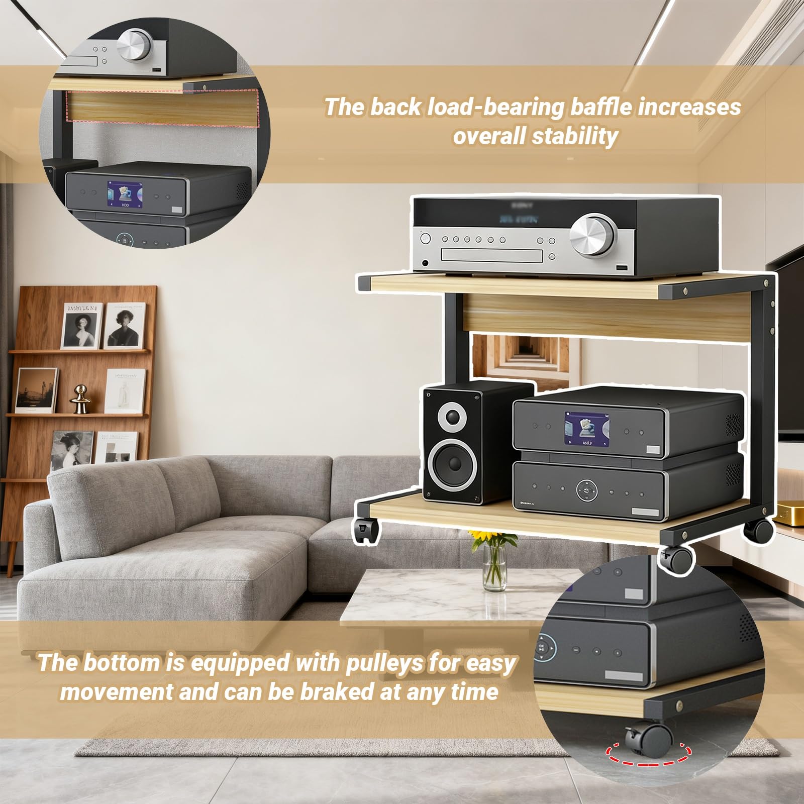 Mobile multimediale video a 2 livelli, con rotelle, rack audio AV, scaffale moderno per TV, piccolo ripiano mobile, adatto per bar di casa, KTV (nero, 50 x 40 x 30 cm)