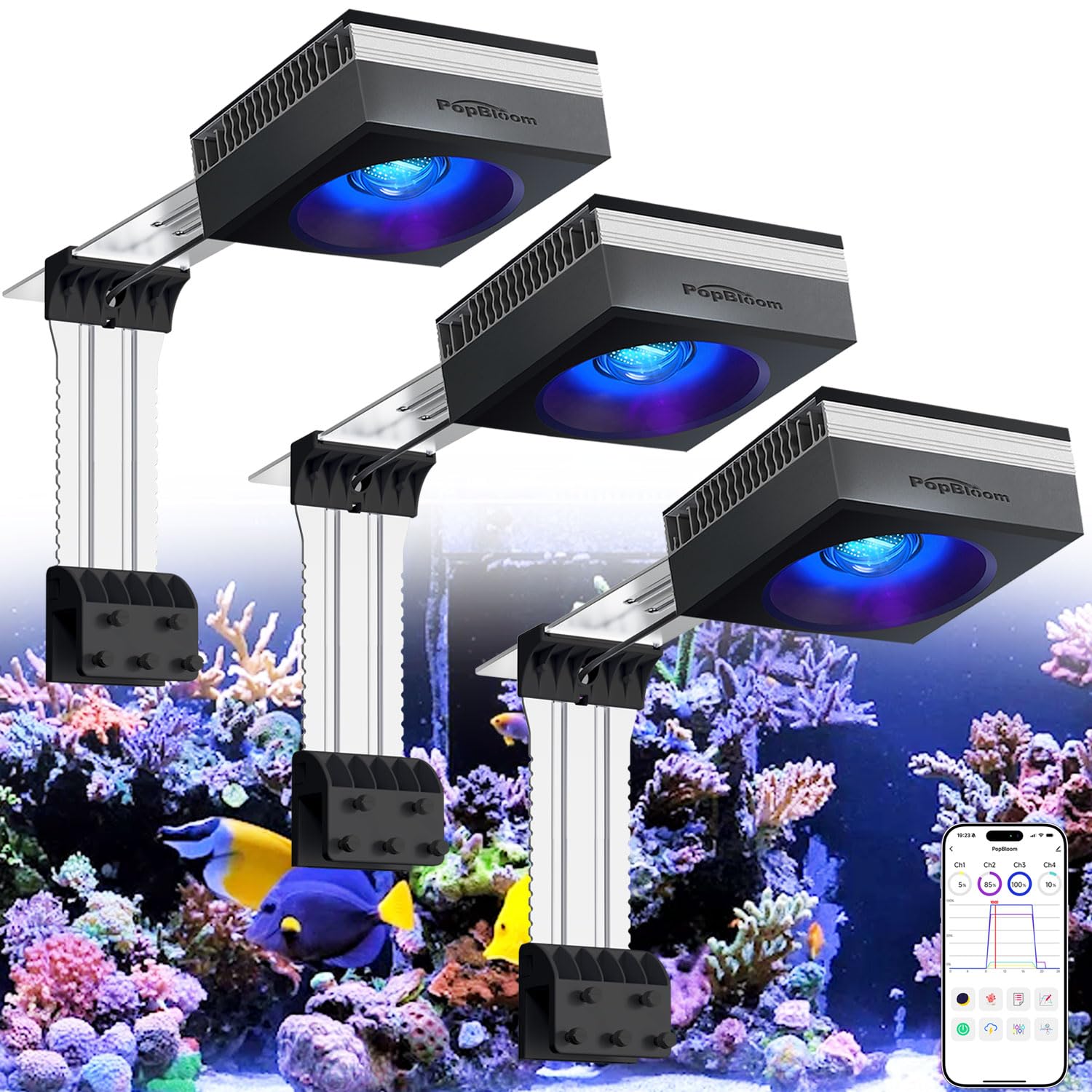 NEU PopBloom RL115 WiFi Meerwasser LED Lampe 360W, Vollspektrum Led Aquarium Beleuchtung für Reef Coral SPS/LPS Fischaquarium, APP unterstützt Deutsch