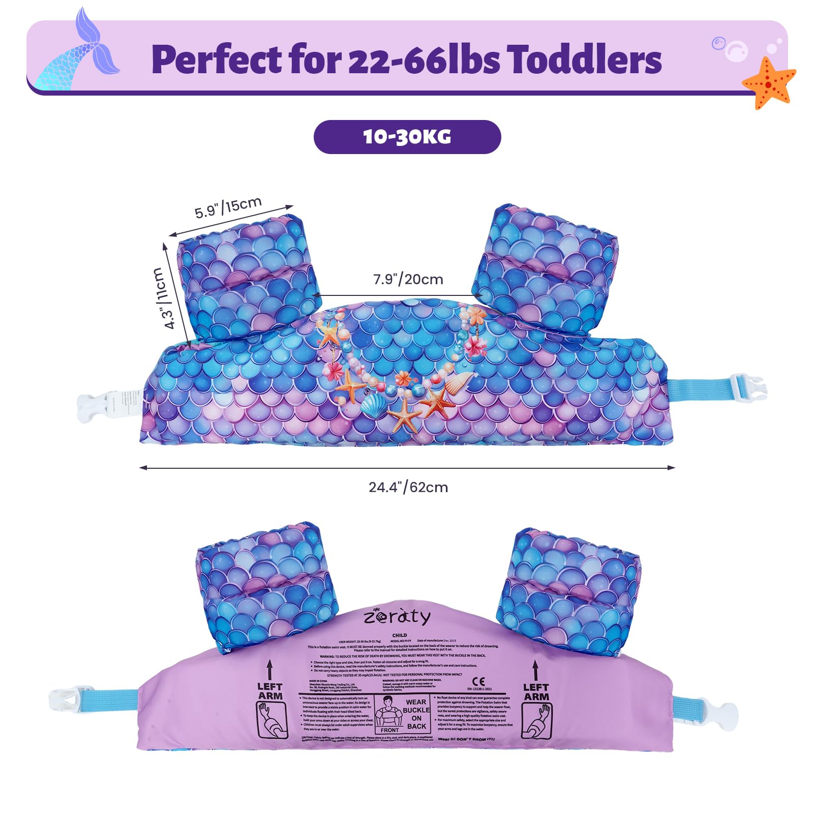 Zeraty Gilet da Bagno per Bambini Galleggianti per Bambini Bambini Nuoto Fascia da Braccio con Imbracatura a Spalla Braccio Wings,Nuoto Aids Giacca per 20-50 lbs/2-6 Anni Ragazzi/Ragazze