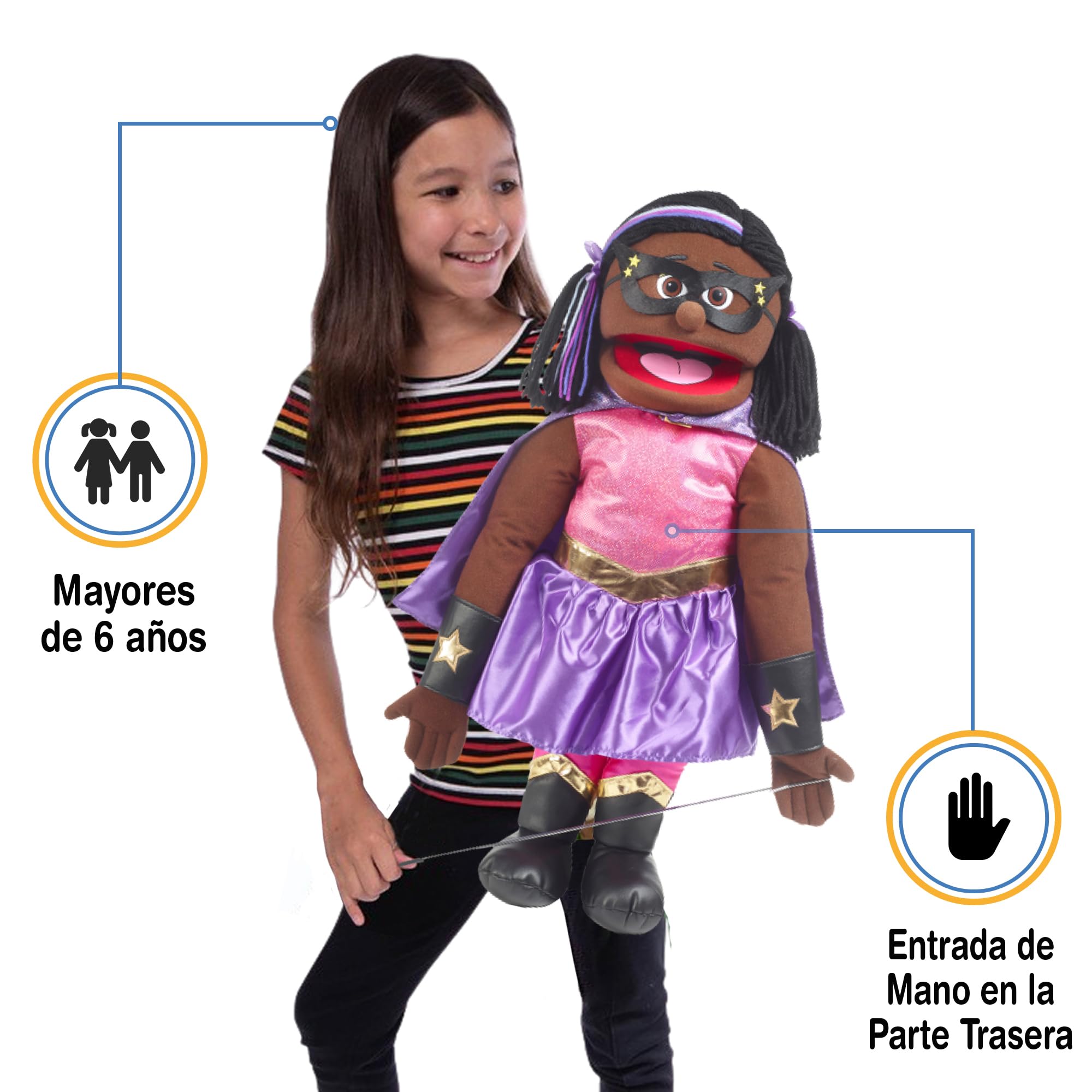 Superhéroe de 25 pulgadas, chica negra, cuerpo completo, marioneta estilo ventrílocuo