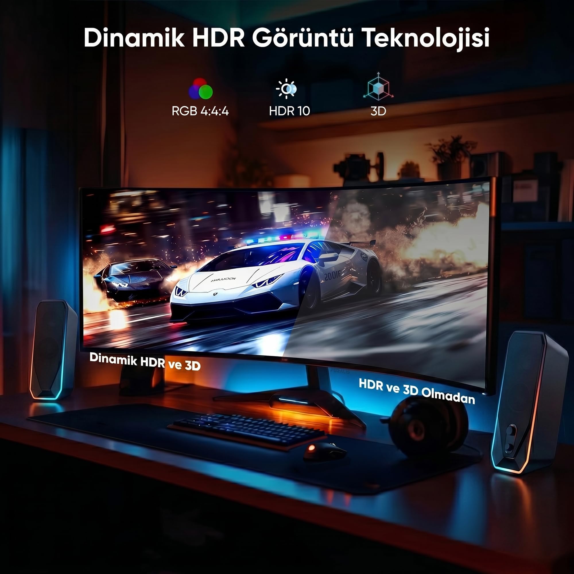 Furalis 8K DisplayPort Kablosu DP 1.4 (3 METRE) - 8K 60Hz / 4K 144Hz / 2K 165Hz - HDR10, 3D, Ses+Görüntü - Alüminyum Gövdeli ve Örgülü Gaming Monitör Kablosu