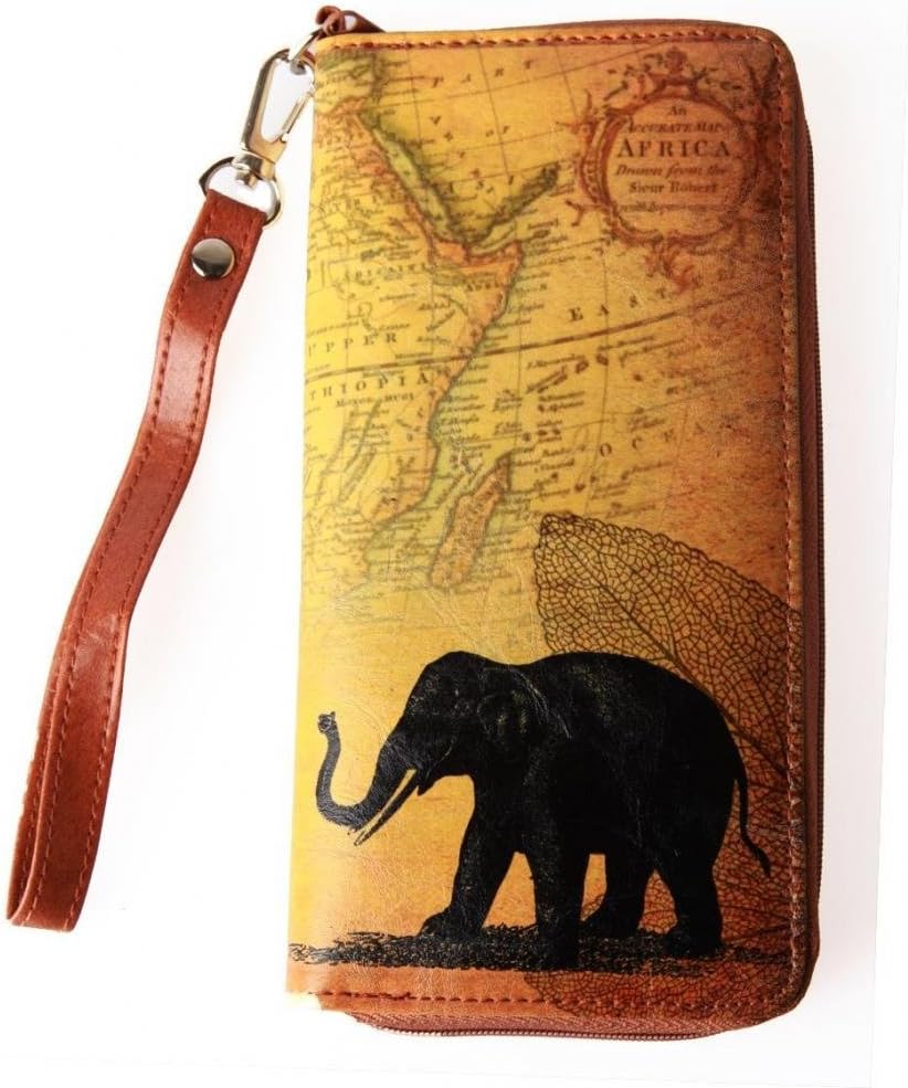 Lavishy Adult Vintage Map Elephant Wallet With Wrist Strap