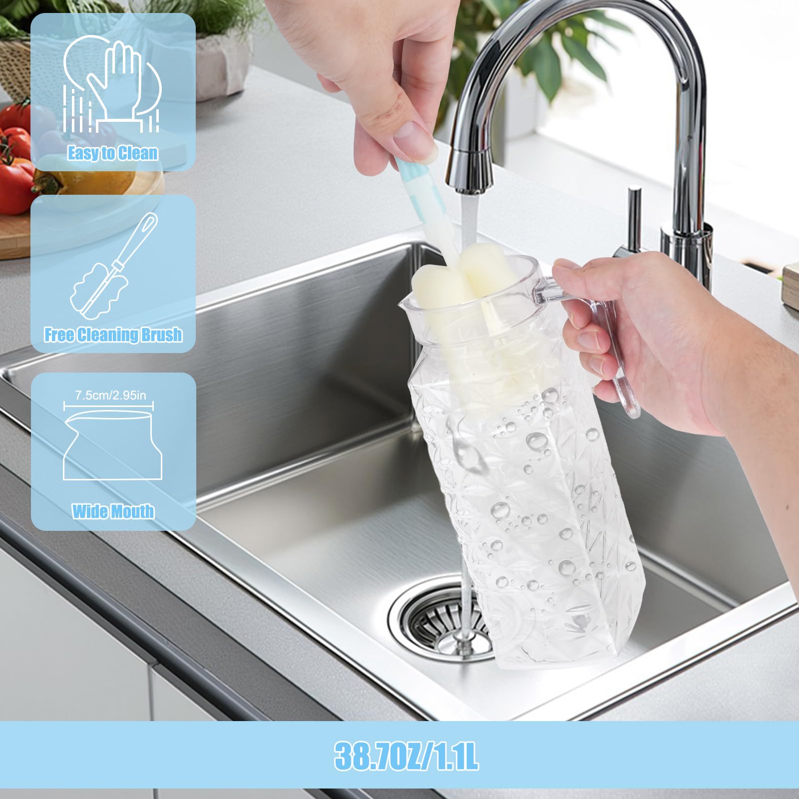 1 confezione da 1,1 l, caraffa per acqua con coperchio e manico, in acrilico trasparente, brocca per frigorifero, caraffa in vetro facile da pulire per latte (1 confezione da 1,1 l)