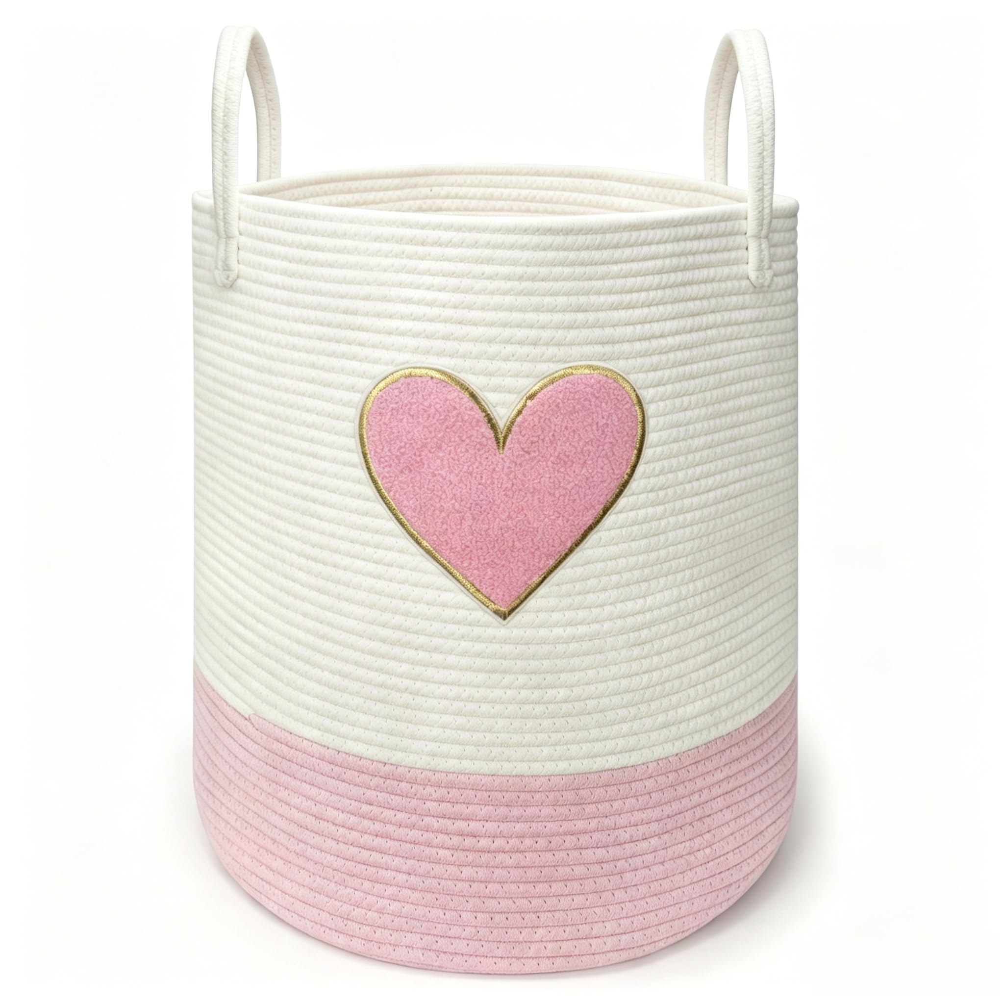 Pink Laundry Basket, Woven Rope Toy Storage Basket for Kids, Baby Clothes Hamper, Nursery & Bathroom Blankets Organiser Décor Heart