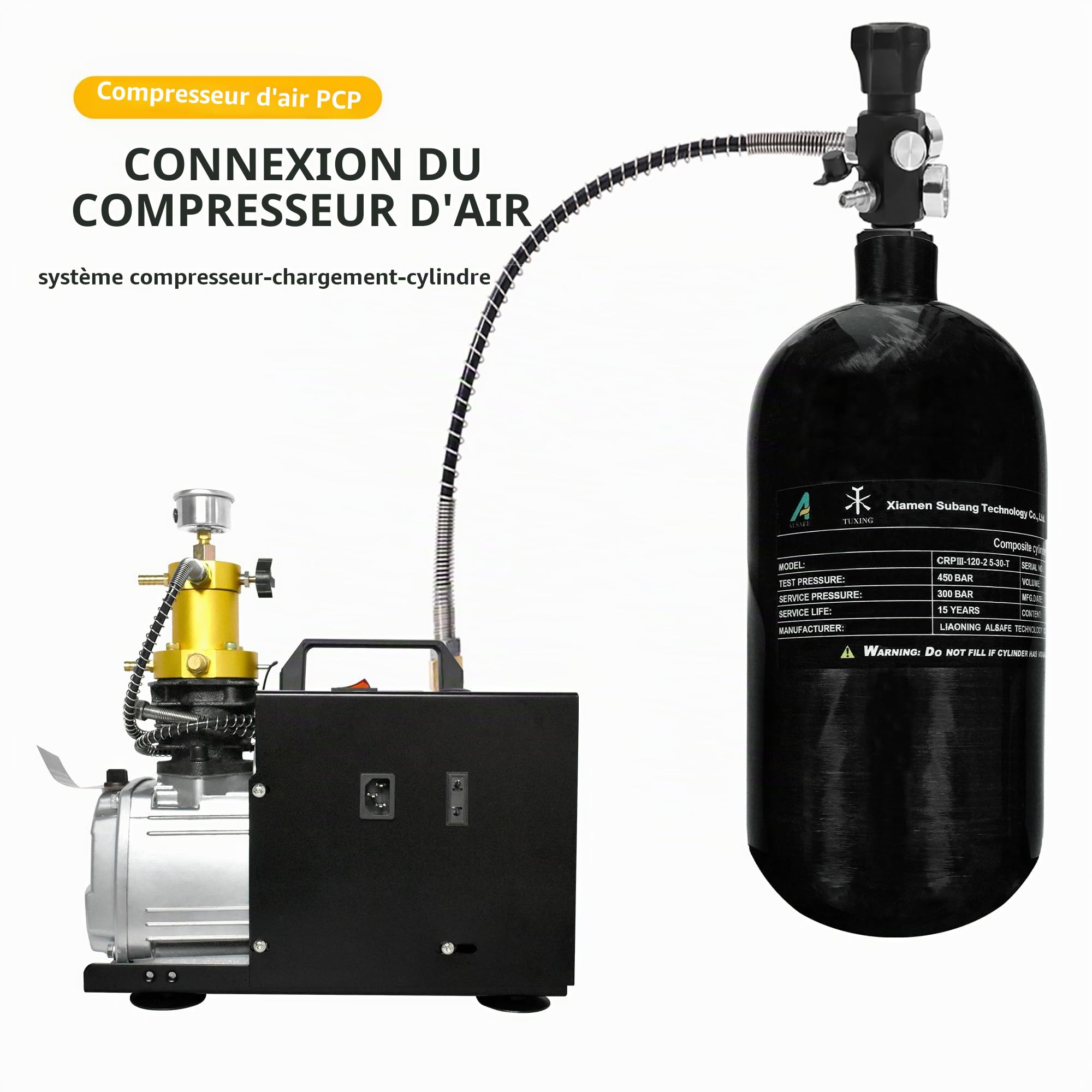 TUXING 4500Psi Réservoir d'air HPA Paintball en fibre de carbone, 2,5 L en fibre de carbone avec régulateur de valve pour réservoir de plongée de fusil à air comprimé PCP (bouteille vide) M18 x 1,5