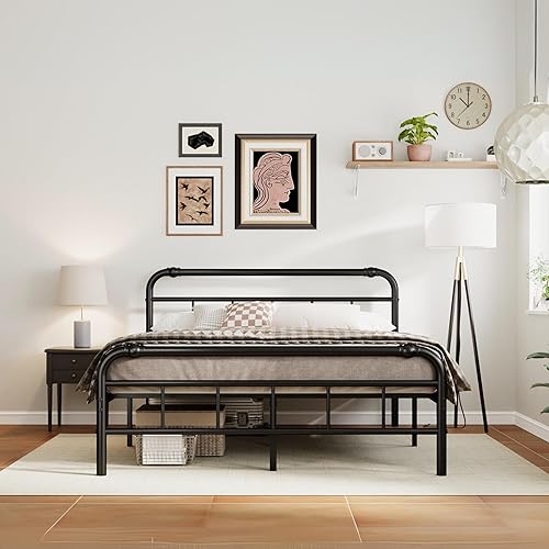 Miniatura 10 de ZIYOO Base de cama de metal individual XL con cabecera y estribo de estilo vintage, 14 pulgadas de alto, soporte de 3500 libras, no necesita somier,