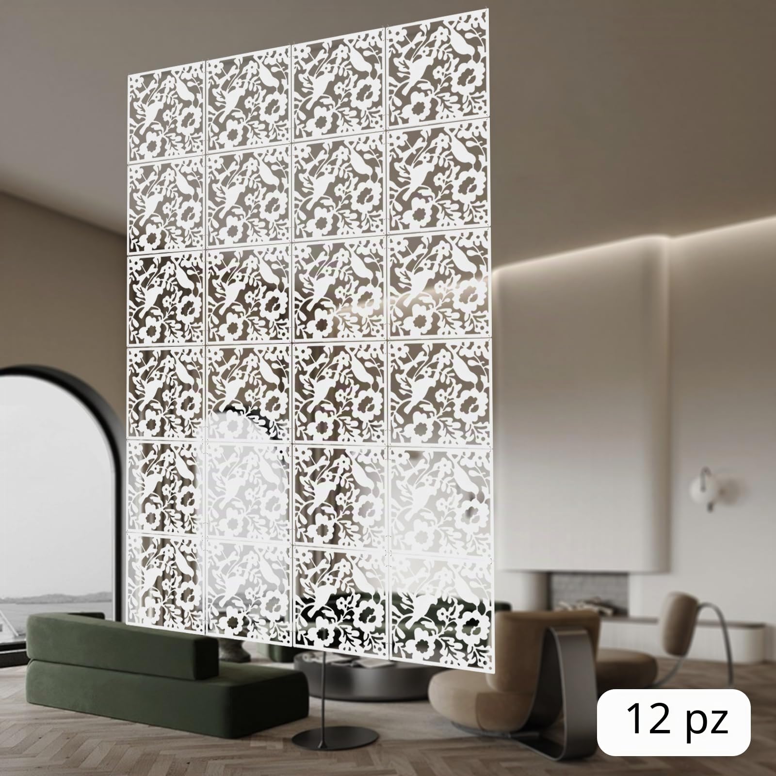 Divisore da appendere, 12 pannelli per camera/hotel, pannello decorativo da parete, 12 divisori sospesi, per camera da letto, sala da pranzo, soggiorno, ingressi, bianco, 40 x 40 cm