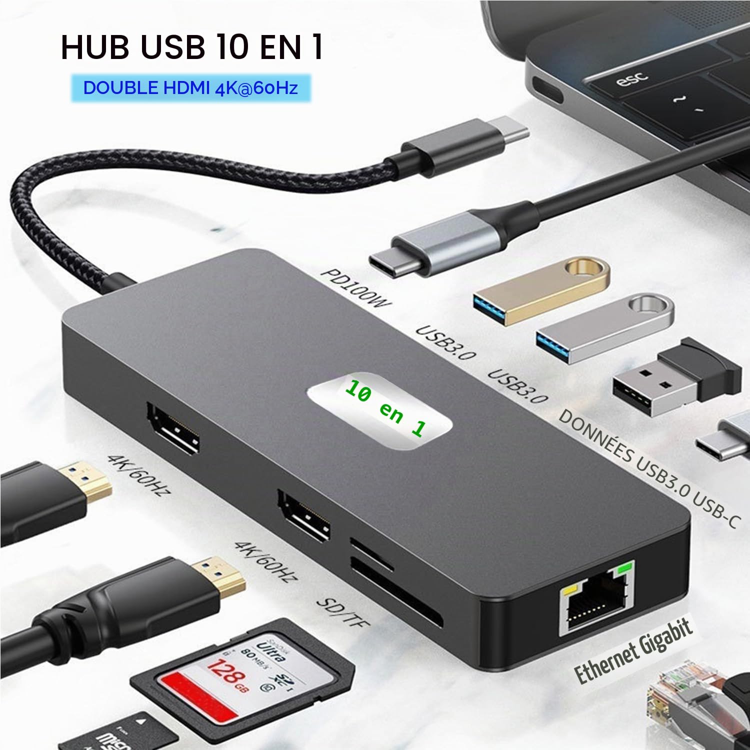 Station d'accueil USB C vers Double écran, Adaptateur Multiport USB C vers Double HDMI 4K@60Hz (10 en 1 2HDMI 4K60Hz+ RJ45)
