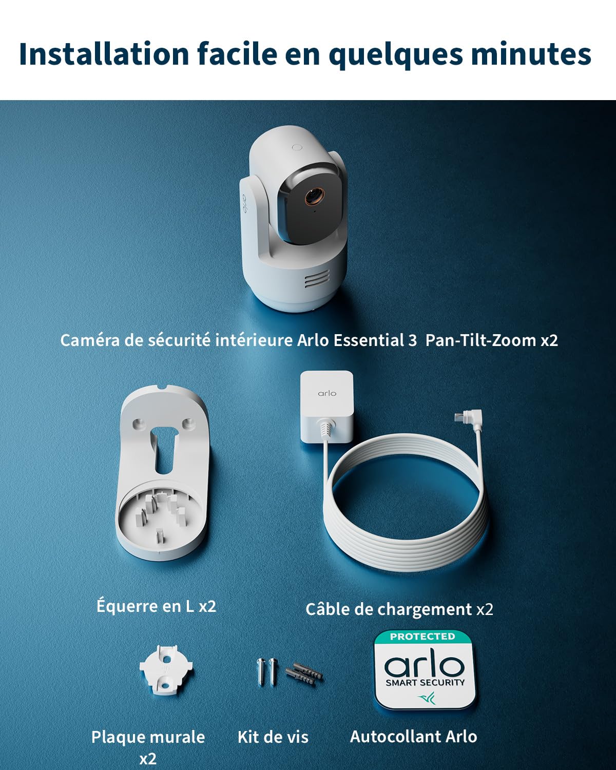 Arlo Essential 3 Interérieure PTZ, Caméra de Surveillance HD, 2 Caméras
