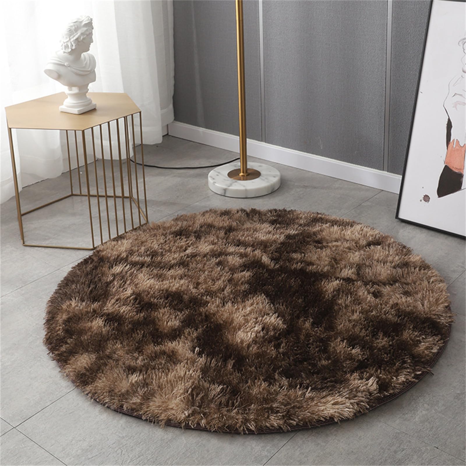 Hiseng Alfombra Salon Redonda Moderna, Alfombras Salón Pelo Largo Alfombra Habitación Antideslizante Muy Suaves Mullidas Lavables para Interior Dormitorio (50cm,Tie-Dye - Marrón)